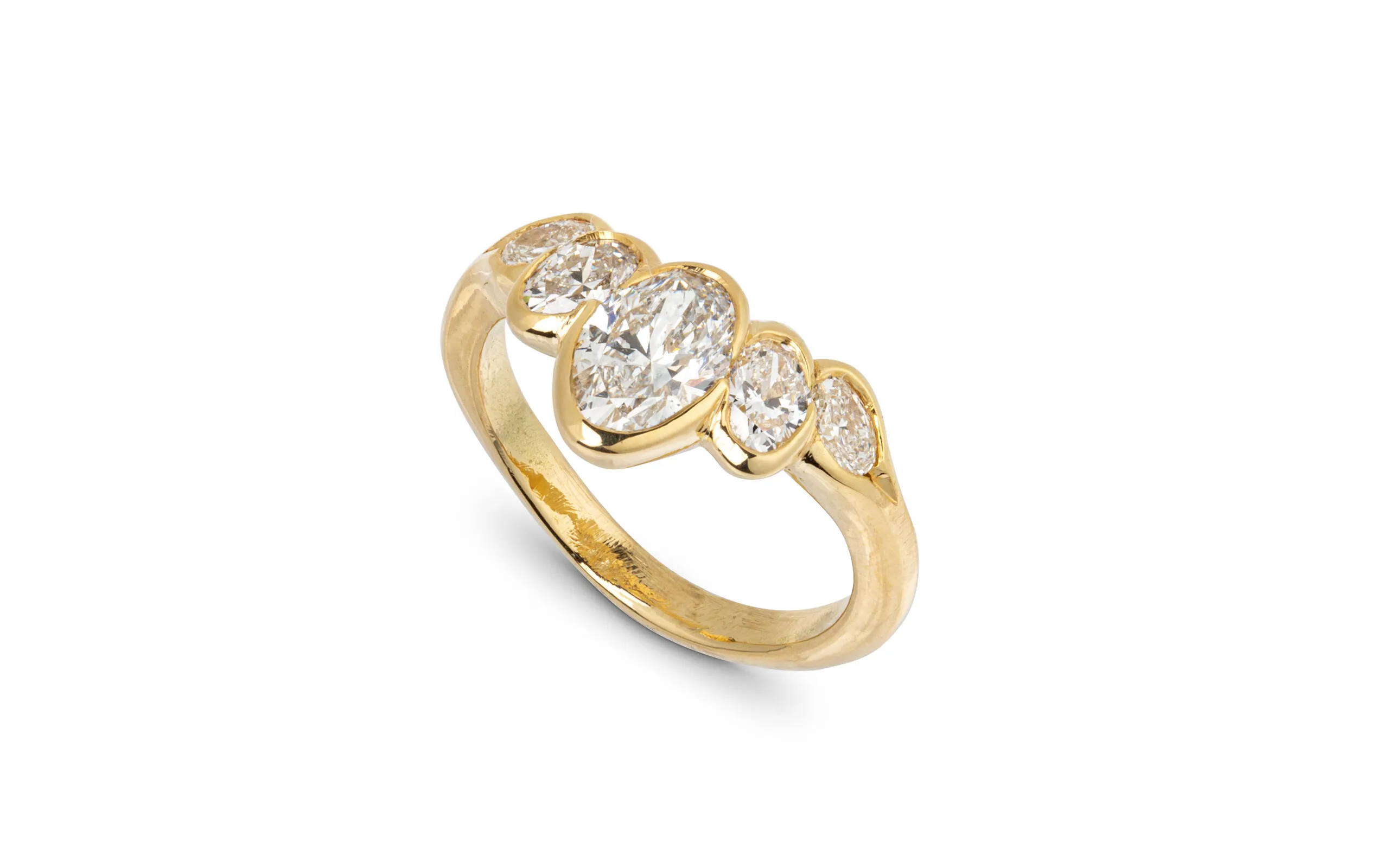Jessie Thomas curved scallop engagement ring, set with five oval diamonds in 18K yellow gold