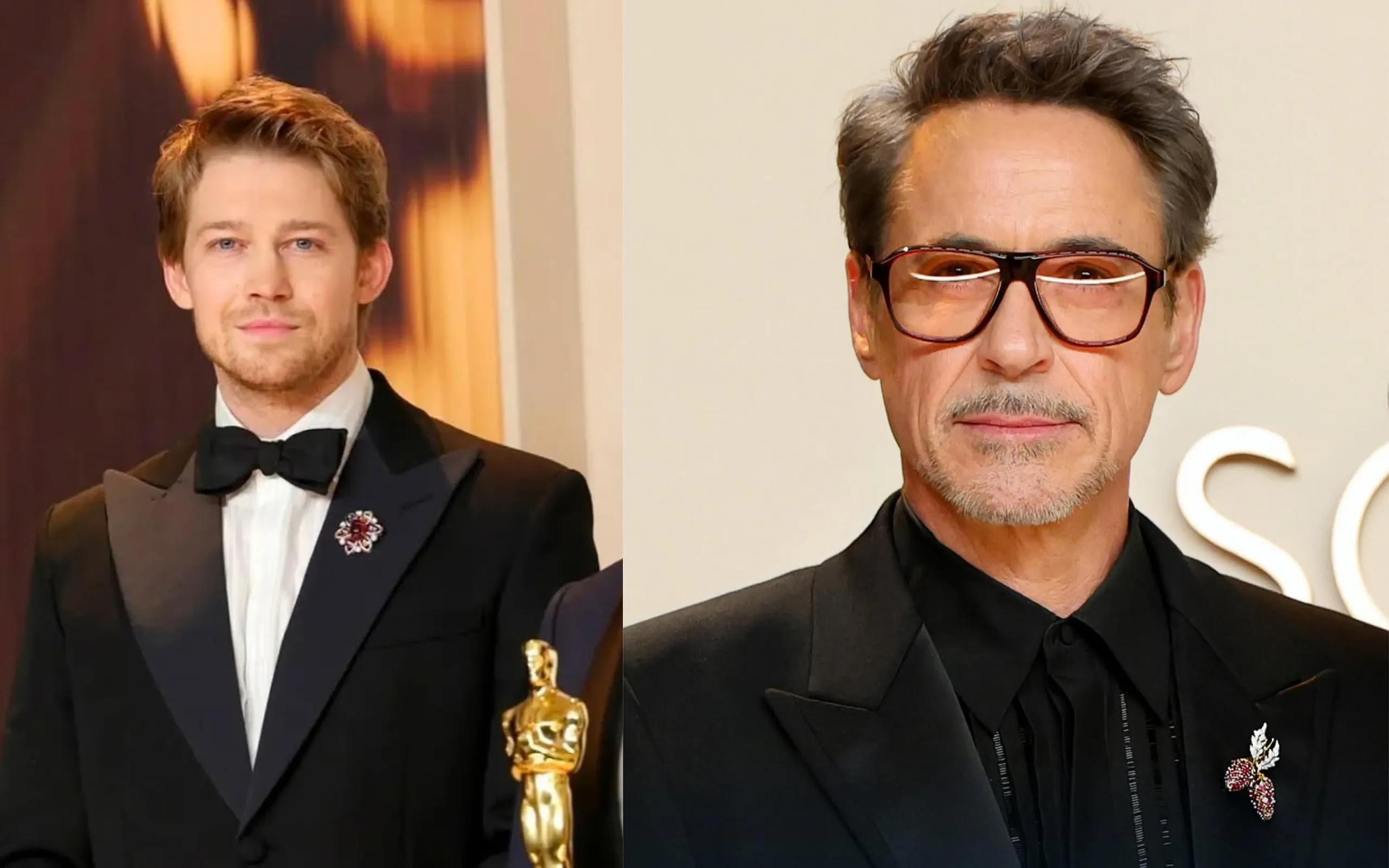 Joe Alwyn in a Cartier lapel pin and Robert Downey Jr. in a Jean Schlumberger for Tiffany & Co. brooch with rubies and diamonds in gold and platinum at the 97th Annual Academy Awards 2025