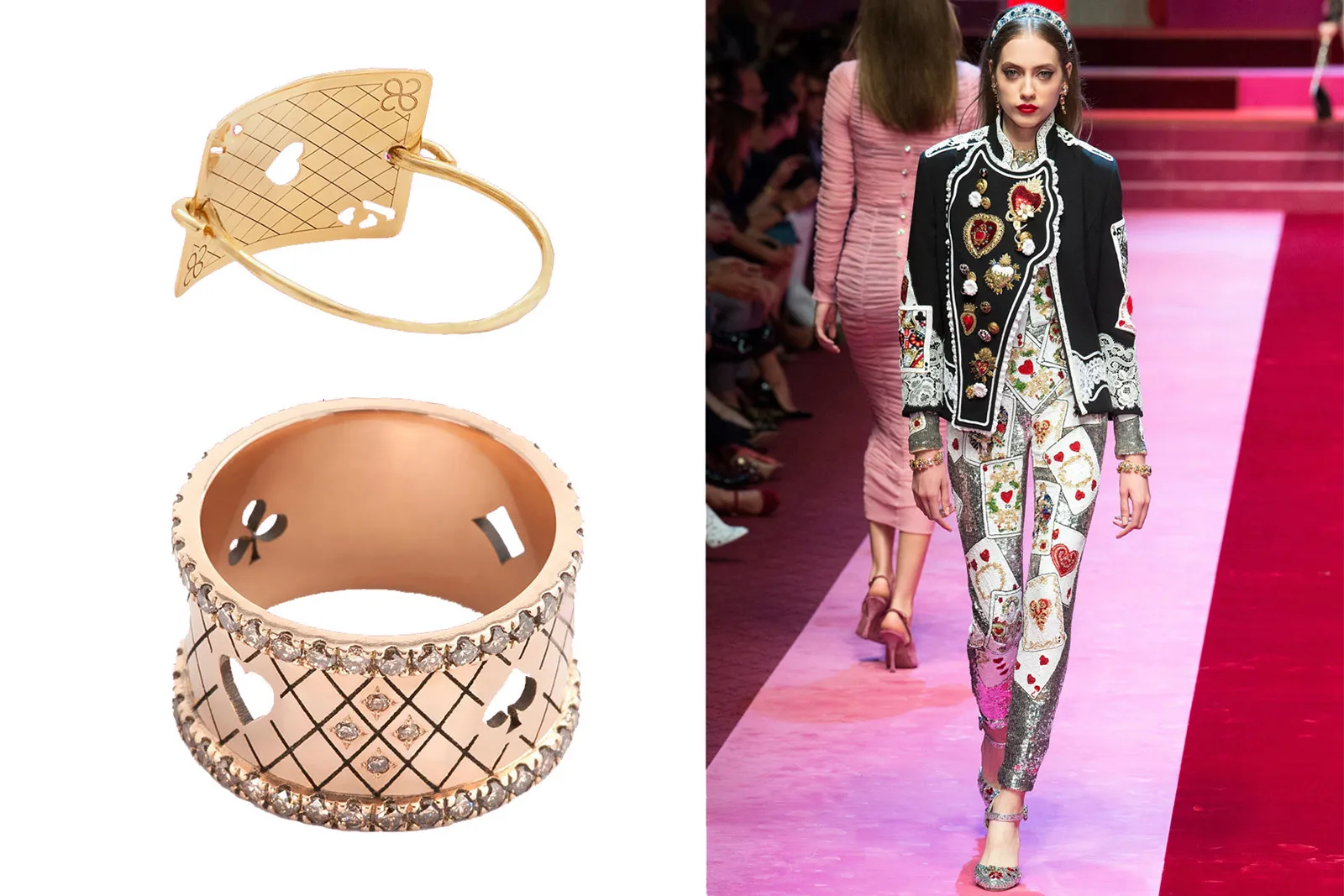<p>Julie Genét Joaillerie &#8216;Vegas&#8217; collection rose gold and diamond &#8216;Lucky&#8217; ring, and &#8216;Microvegas As De Carreau&#8217; yellow gold ring and Dolce and Gabbana</p>
