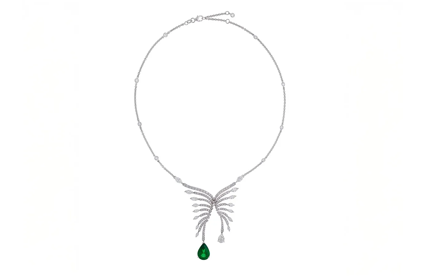 Krisonia necklace from the Volo collection with a emerald and diamonds in 18k white gold