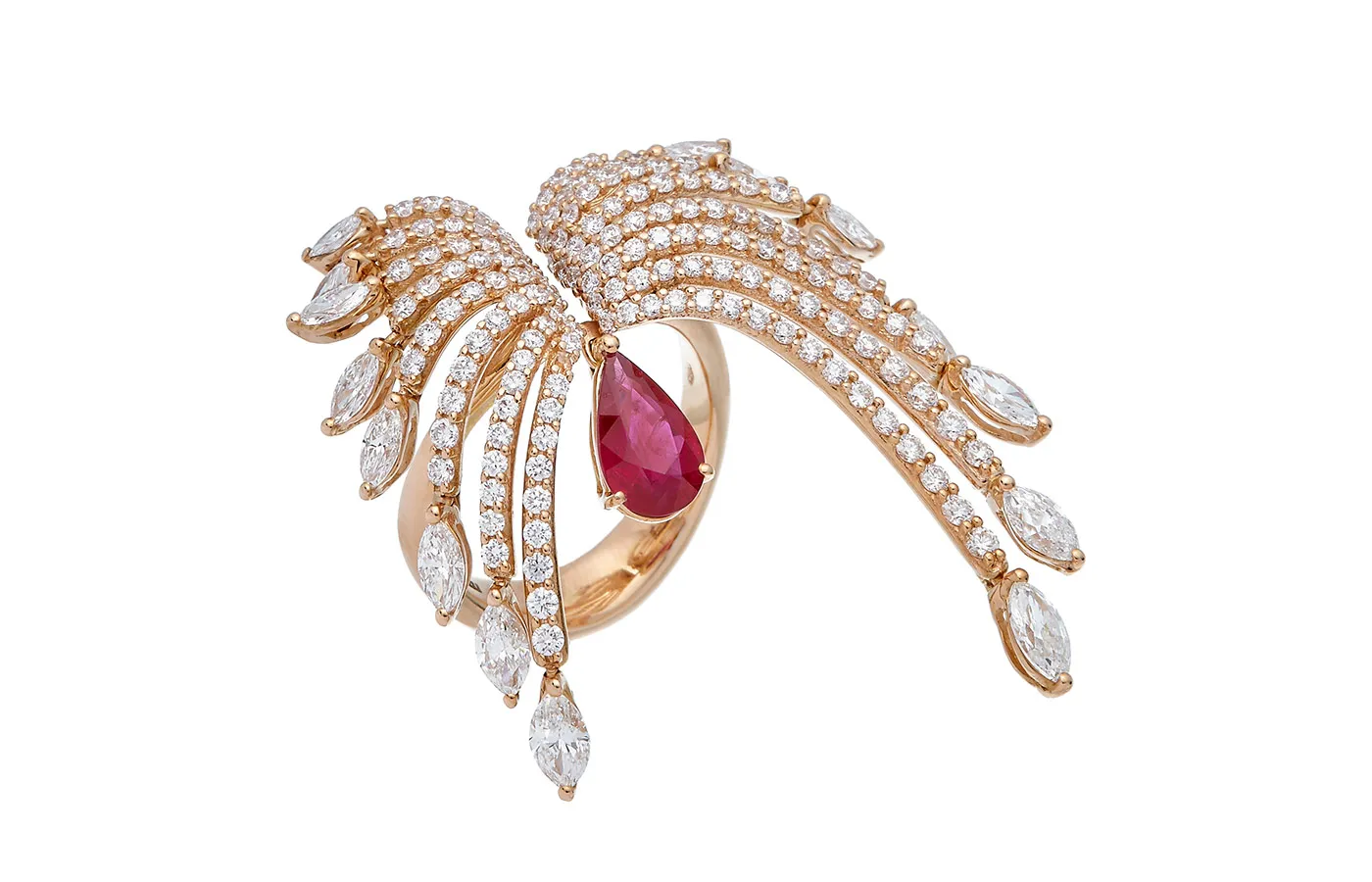 Krisonia Volo ring with a central 1.25-carat ruby and diamonds in 18k rose gold