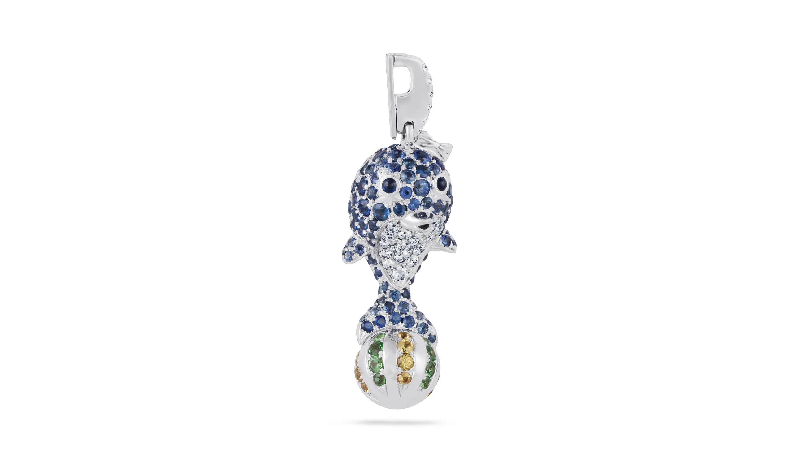 Karina Choudhrie Big Splash Circus Dolphin character pendant with multi-coloured sapphires and diamonds 