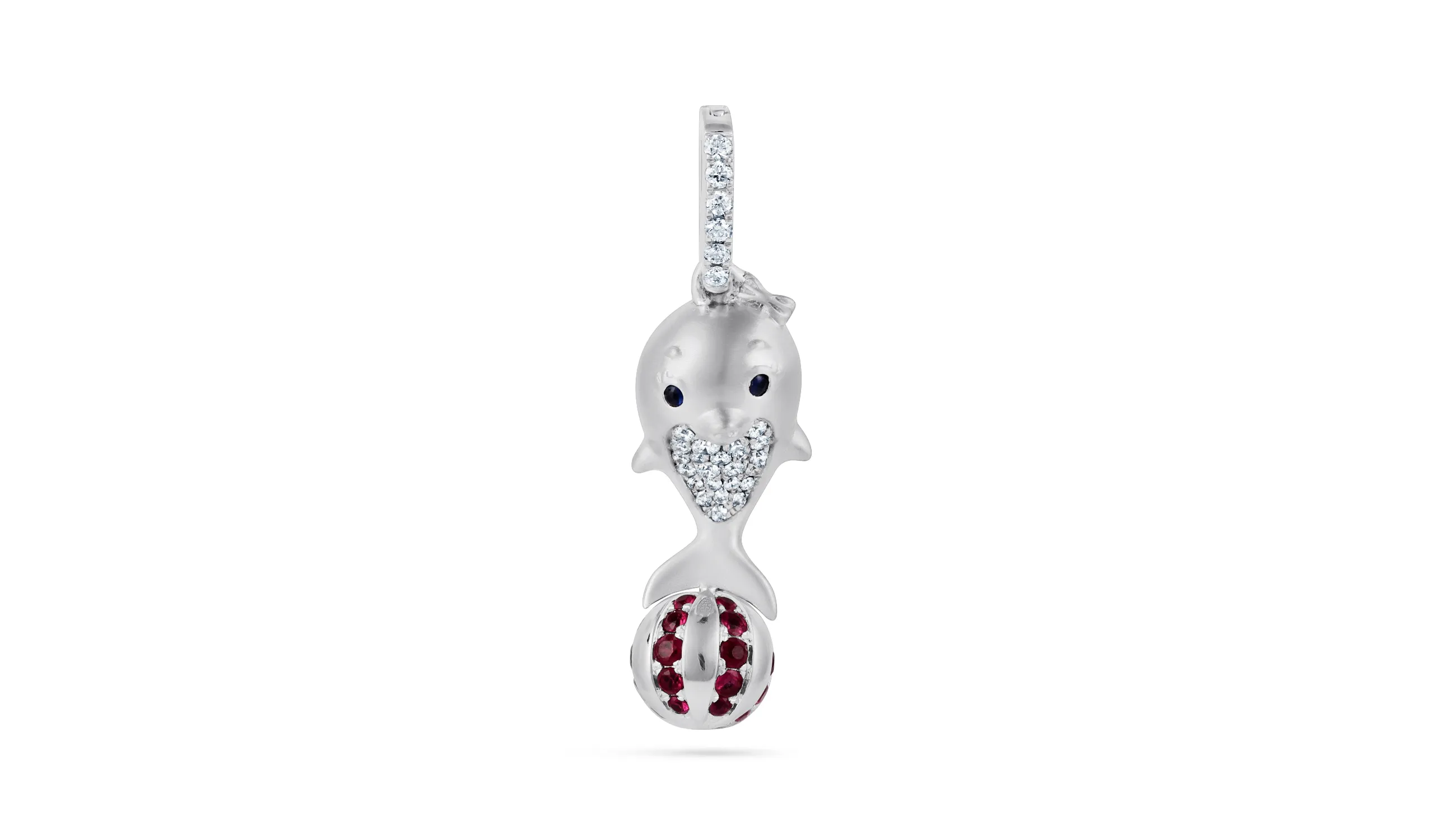 Karina Choudhrie Big Splash Circus Dolphin sculptural pendant with diamonds and rubies in 18k white gold 