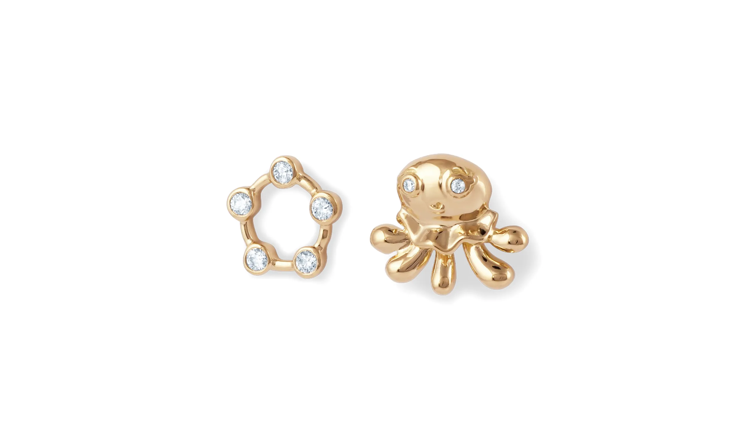 Karina Choudhrie Big Splash Circus asymetric Jellfish stud earrings with diamonds in yellow gold 