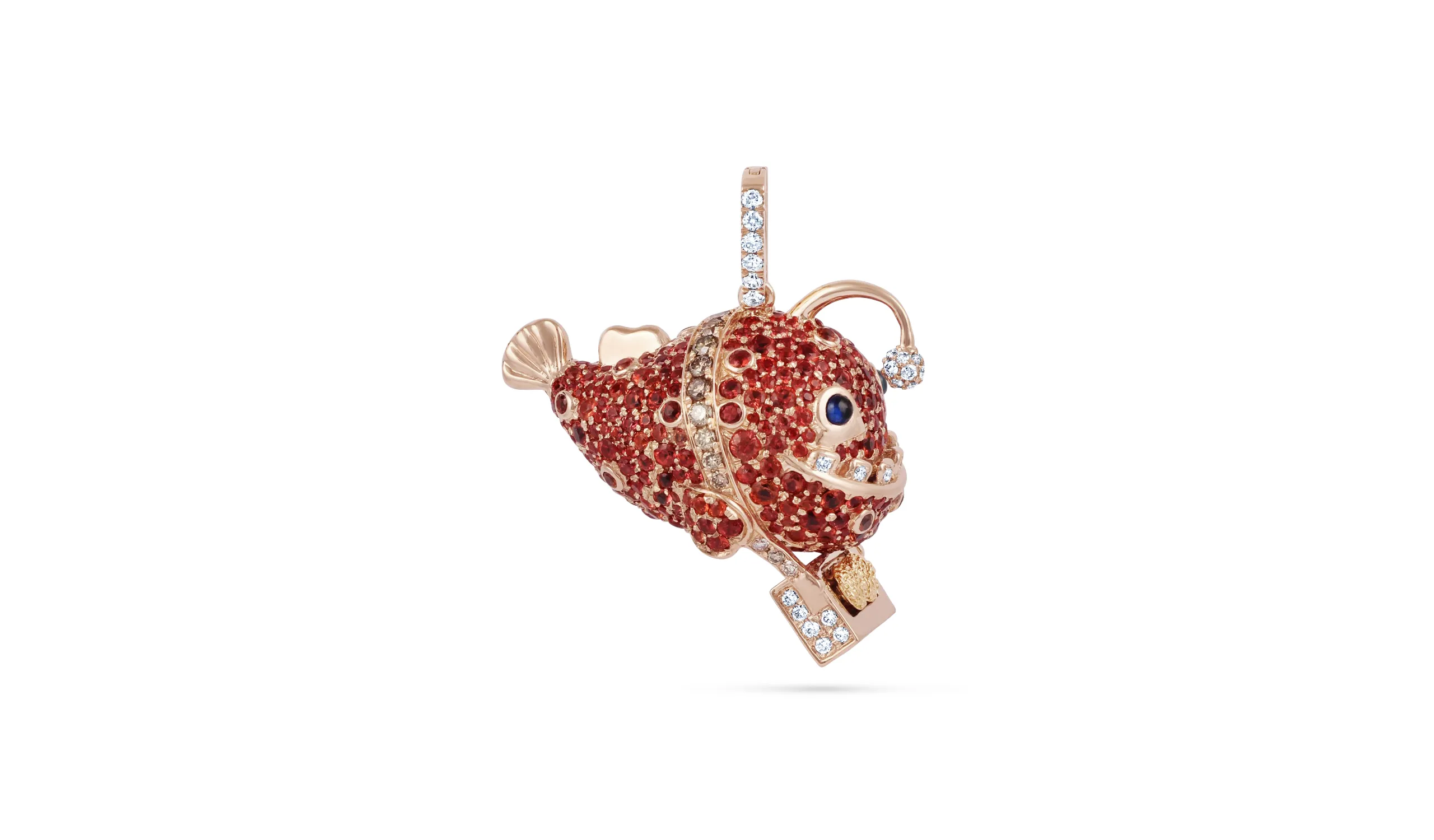 Karina Choudhrie Big Splash Circus Lantern Fish character pendant in full pavé, including diamonds and coloured gemstones in 18k gold 