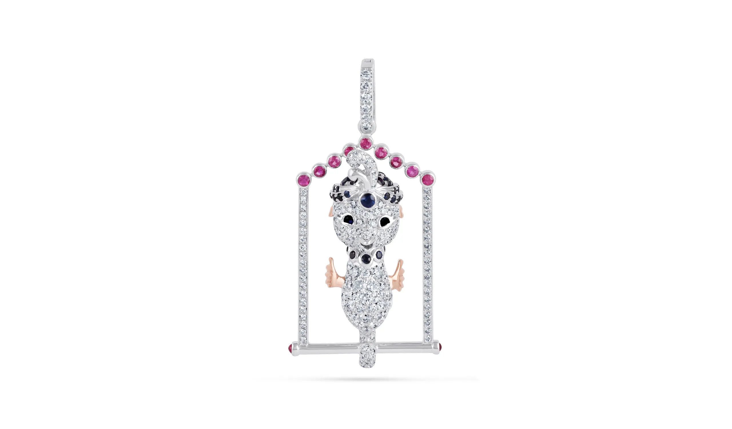 Karina Choudhrie Big Splash Circus Seahorse character pendant in full pavé, including diamonds, sapphires and rubies in two-tone gold 