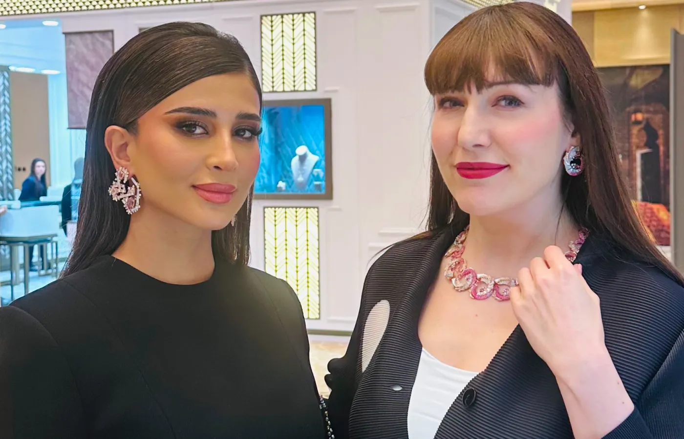 Trying on high jewellery creations at The Jewels of the World exhibition in Riyadh, Saudi Arabia