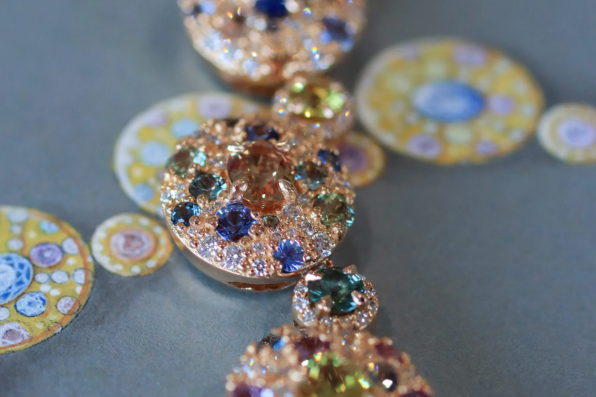 <p>A closer look at the multi-coloured and multi-tonal sapphires in the Morebelli Collier Bohème, which was created to celebrate the brand’s 10th anniversary in 2022</p>
