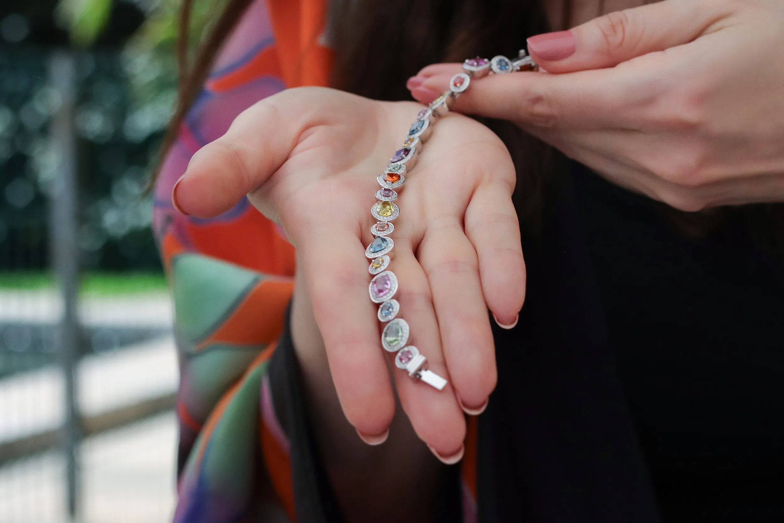 <p>Taking a closer look at Madagascar&#8217;s mineral colour palette through a Morebelli bracelet, set with 20 sapphires and tsavorites weighing a combined 14.21 carats in 18k white gold </p>
