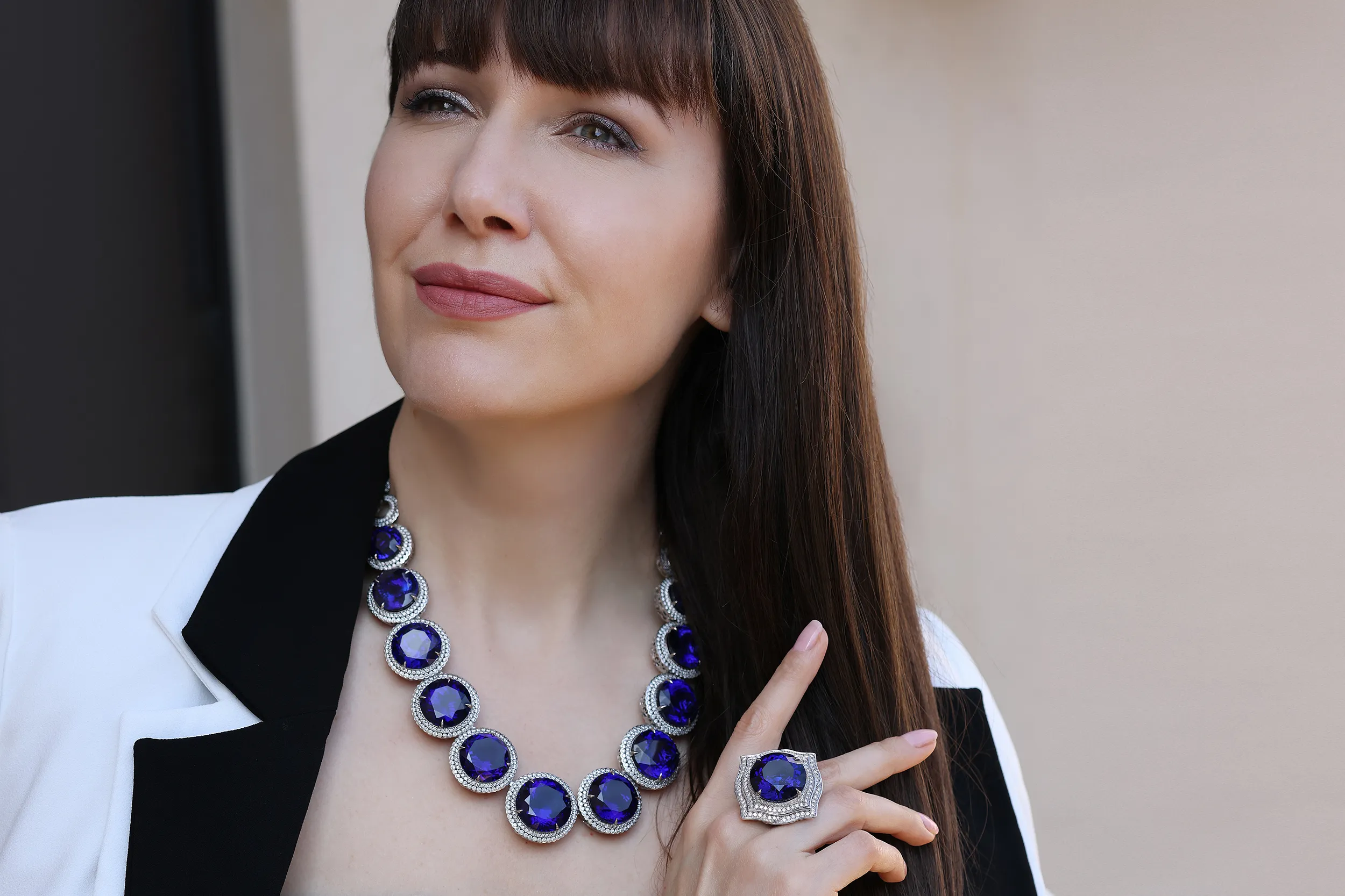 <p>Founder’s Collection necklace with an astonishing 429.17ct of round tanzanites and 54.07ct round tanzanite ring, all framed with diamonds and set in 18k white gold</p>