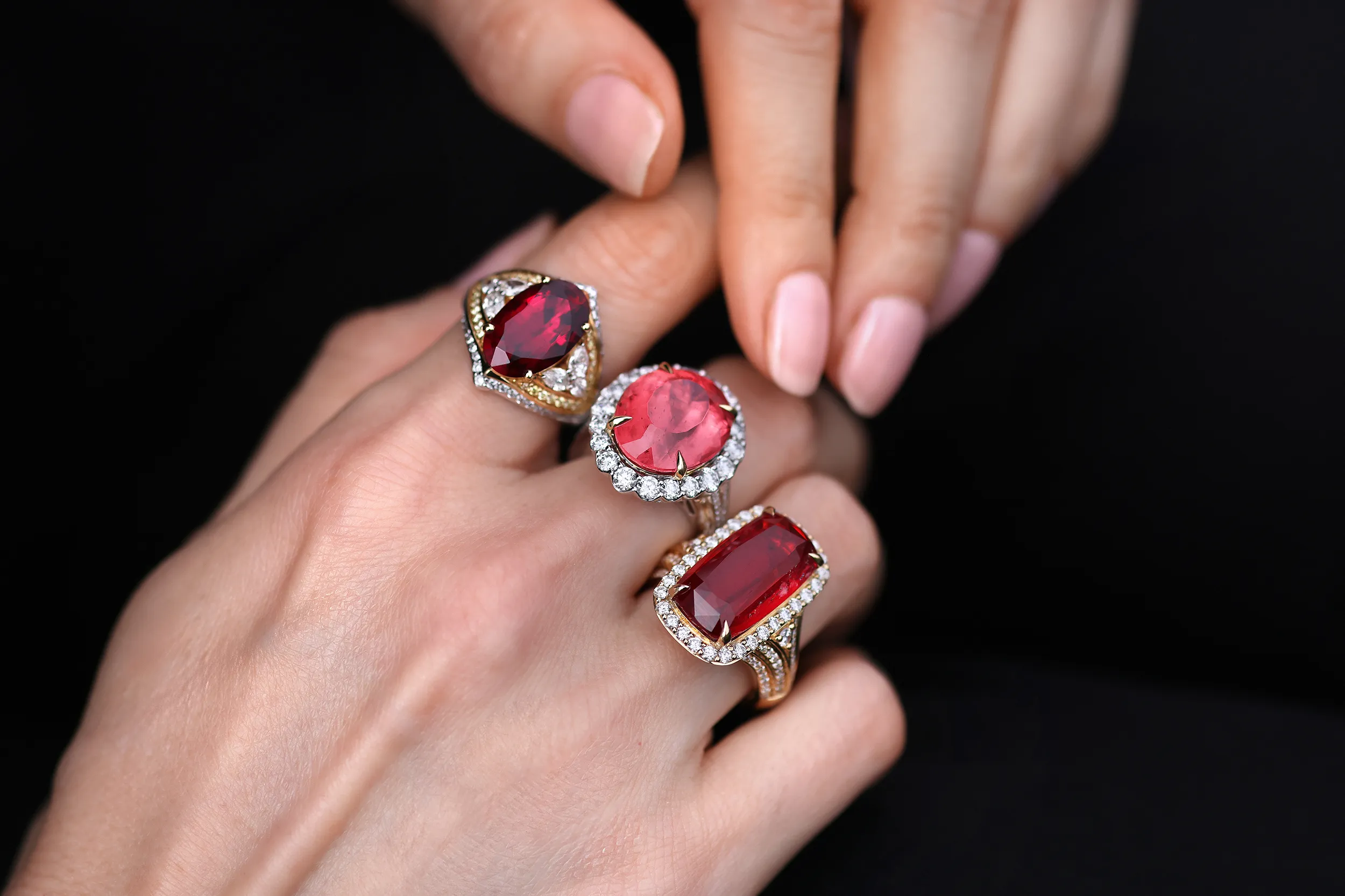 <p>The Primera Rosada rubellite, left, is Chromia’s richest red gemstone. It glows with such intensity it rivals the finest rubies</p>