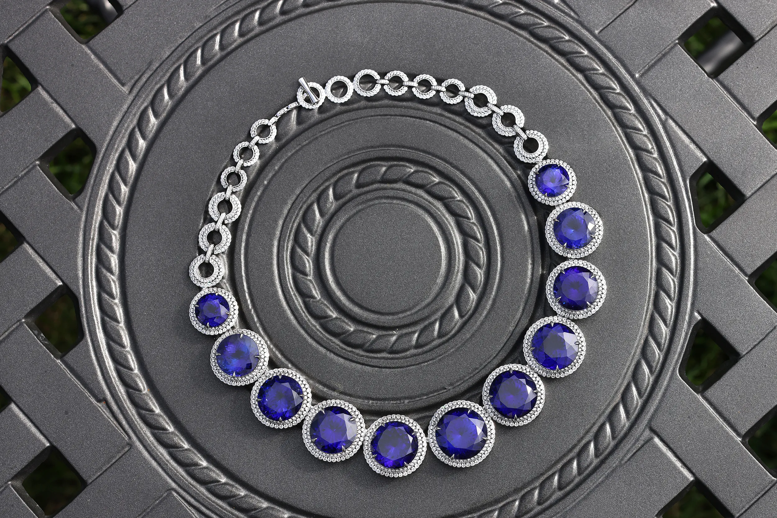 <p>The depth of colour in the tanzanites is extraordinary, with each stone perfectly matched for tone, creating a harmony of violet-blue intensity</p>
