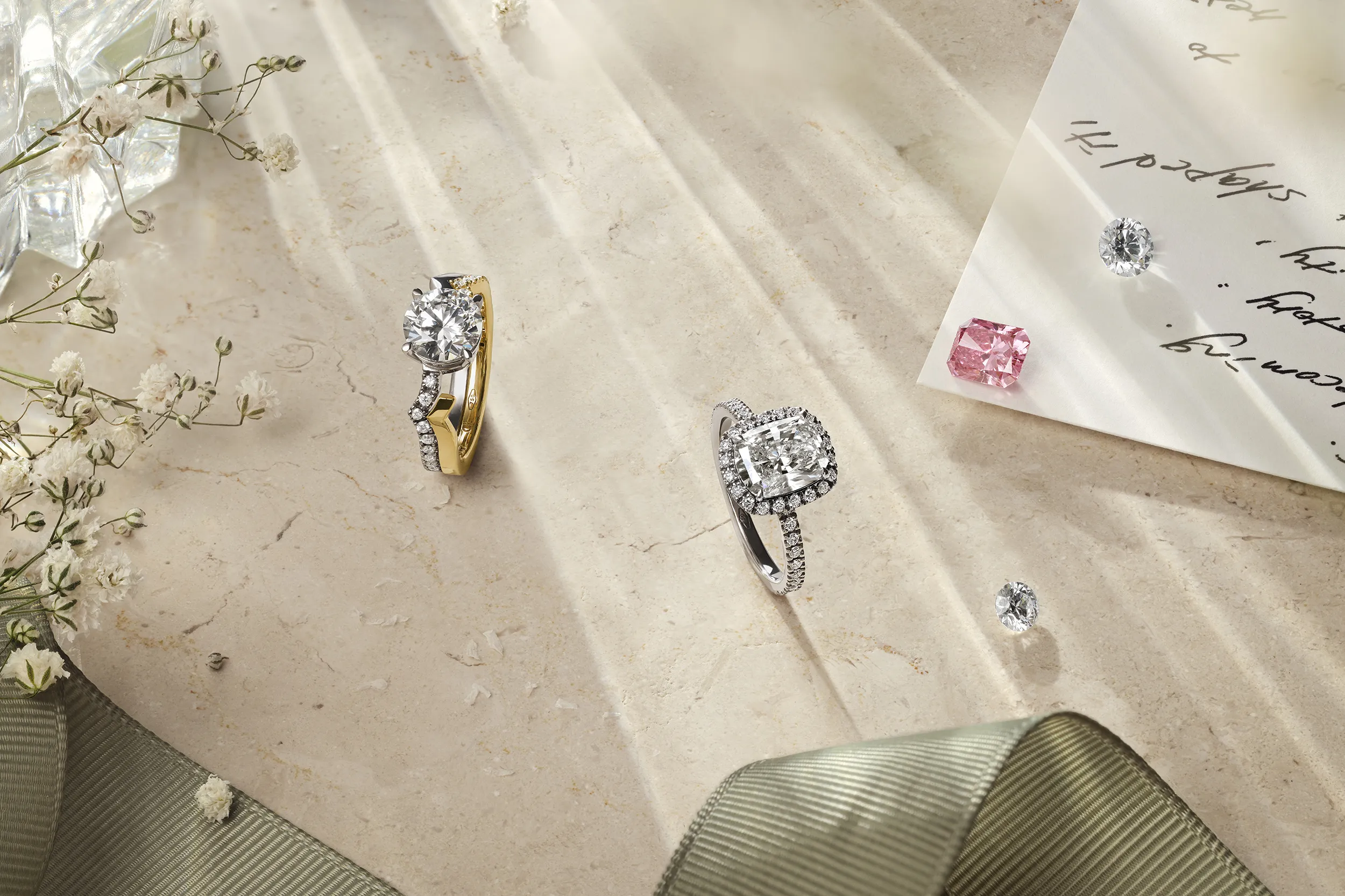 <p>Signature ring styles by Cherituelle, including the Jeri Lunaire ring (left) and the Aurora ring (right) both with laboratory-grown diamonds in 18k gold</p>
