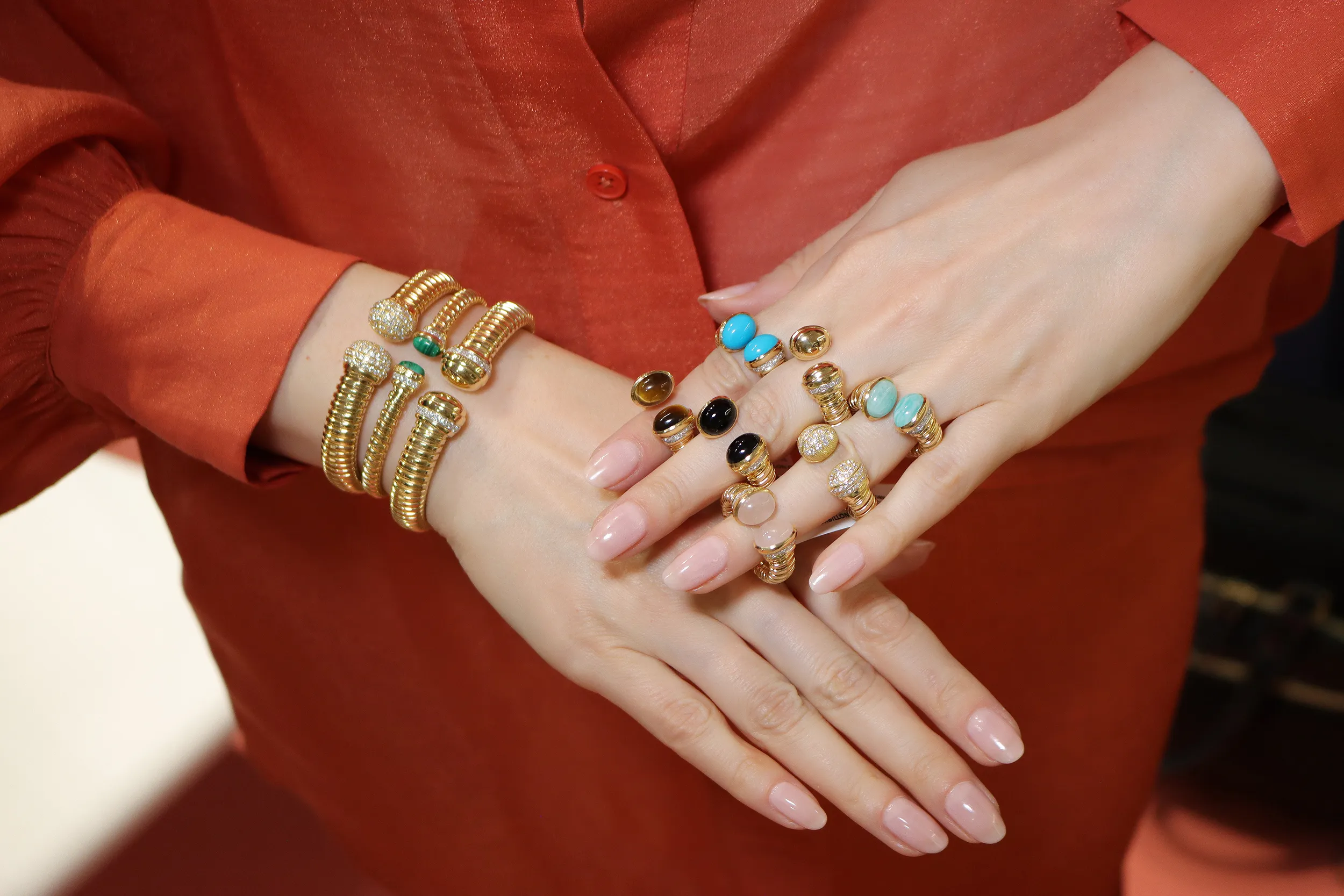 <p>Showcasing the colourful variations and widths of the HIMO Jewellery Tourbillon collection bracelets and rings, set with diamonds and hardstones like malachite, tiger&#8217;s eye, onyx, and turquoise</p>
