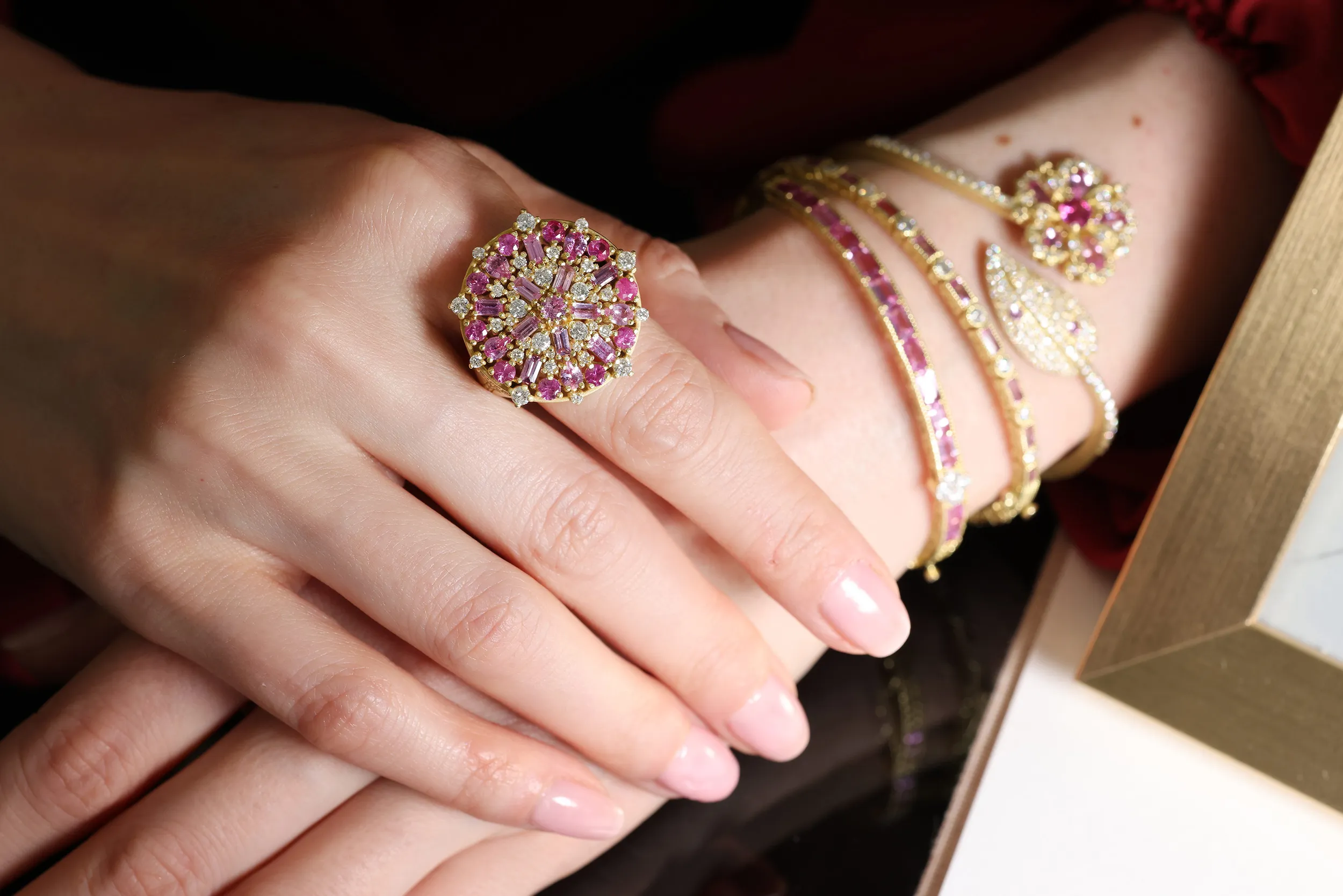 <p>Katerina Perez wears rings and bracelets from the Jasmine Bloom and Arabian Nights collections by Tanya Farah Fine Jewelry</p>
