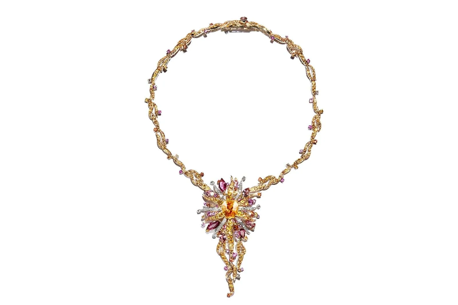 Rubeus Lion and the Moonlight necklace with a golden hessonite garnet centre stone custom-cut by Victor Tuzlukov