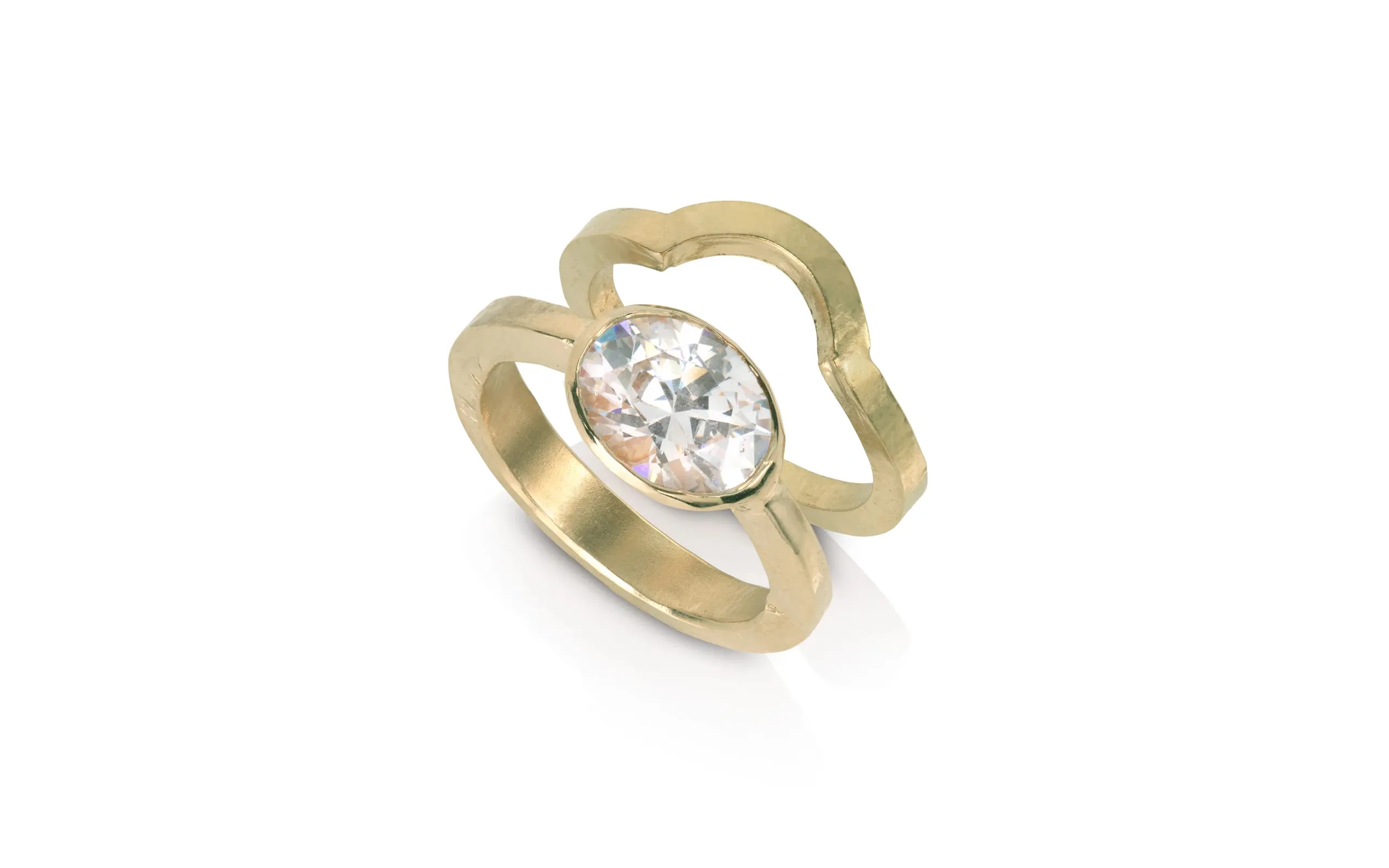 Kitty Joyas Adore You ring stack in 14K recycled yellow gold, set east-west with an oval diamond