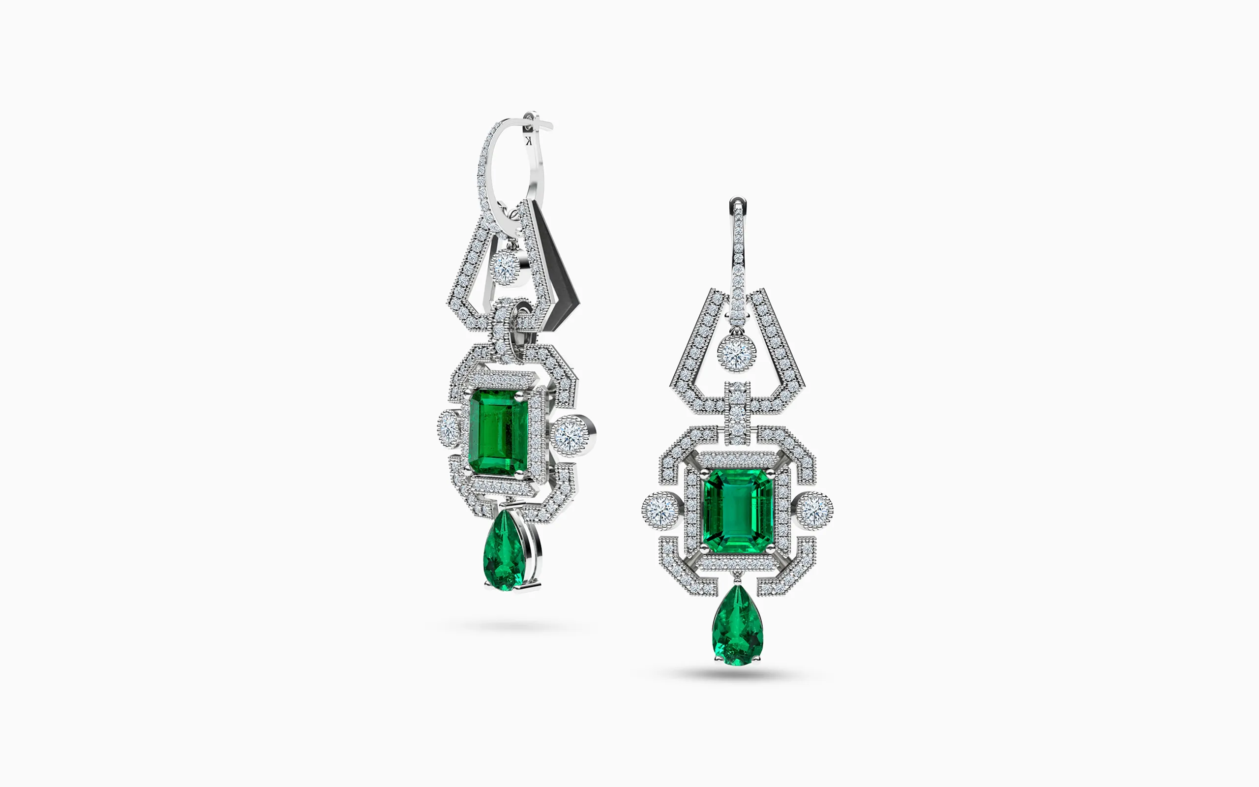 Korbička Šperky Émeraude de Minuit earrings with 12 carats of vivid emeralds and 4 carats of diamonds, crafted in 18k white gold