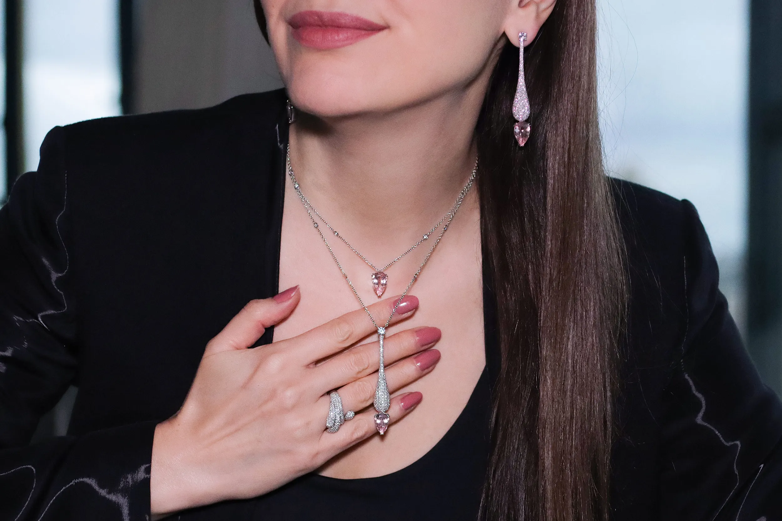 <p><span class="TextRun BCX0 SCXP163336872" lang="EN-US" xml:lang="EN-US" data-scheme-color="@000000,," data-usefontface="true" data-contrast="none"><span class="NormalTextRun BCX0 SCXP163336872">Drops of Grace necklace and earrings</span></span> <span class="TextRun BCX0 SCXP163336872" lang="EN-US" xml:lang="EN-US" data-scheme-color="@000000,," data-usefontface="true" data-contrast="none"><span class="NormalTextRun BCX0 SCXP163336872">in 18k white gold, morganite and diamonds and </span></span><span class="TextRun BCX0 SCXP163336872" lang="EN-US" xml:lang="EN-US" data-usefontface="false" data-contrast="none"><span class="NormalTextRun BCX0 SCXP163336872">Lumen of Grace ring</span></span><span class="TextRun BCX0 SCXP163336872" lang="EN-US" xml:lang="EN-US" data-scheme-color="@000000,," data-usefontface="true" data-contrast="none"><span class="NormalTextRun BCX0 SCXP163336872"> in 18k white gold and diamonds, from the Inner Garden Collection </span></span><span class="TextRun BCX0 SCXP163336872" lang="EN-US" xml:lang="EN-US" data-scheme-color="@000000,," data-usefontface="true" data-contrast="none"><span class="NormalTextRun BCX0 SCXP163336872">by Youngsun Nam </span></span></p>