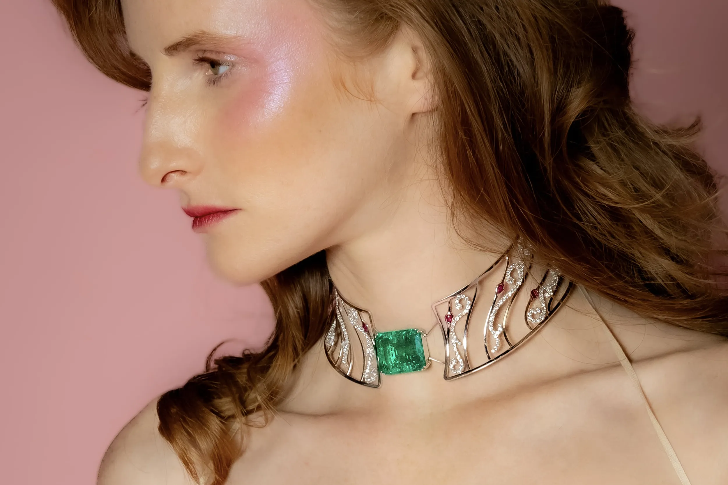 <p>Van Der Bauwede Lace & Diamond choker necklace in 18k white gold, set with brilliant-cut and pear-cut diamonds, rubies and a 46.65ct emerald</p>