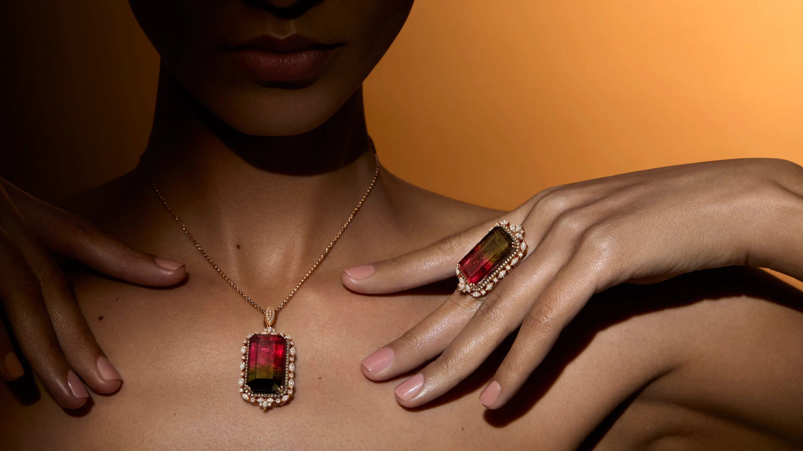 Le Vian Couture® Violet necklace with a 38.2-carat emerald-cut watermelon tourmaline with round and marquise-cut Vanilla Diamonds® and natural light brown Chocolate Diamonds® set in 18k two-tone gold, alongside the Leni ring with a 26.46 carat emerald-cut watermelon tourmaline and diamonds 