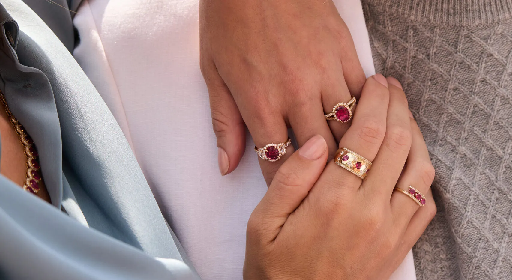A model wears Passion Ruby™ and Pomegranate Garnet™ jewellery creations by Le Vian, part of the Devotion – A Le Vian Love Story chapter of the 2026 Trend Forecast