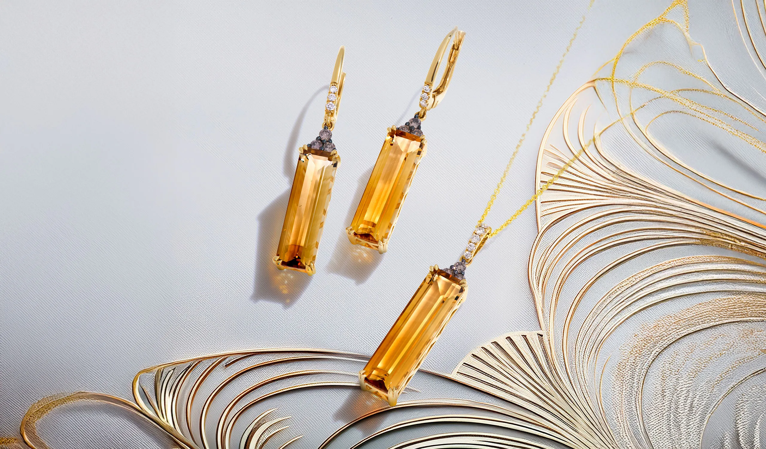 Le Vian emerald-cut Cinnamon Citrine® pendant and matching earrings inspired by the Art Deco period 