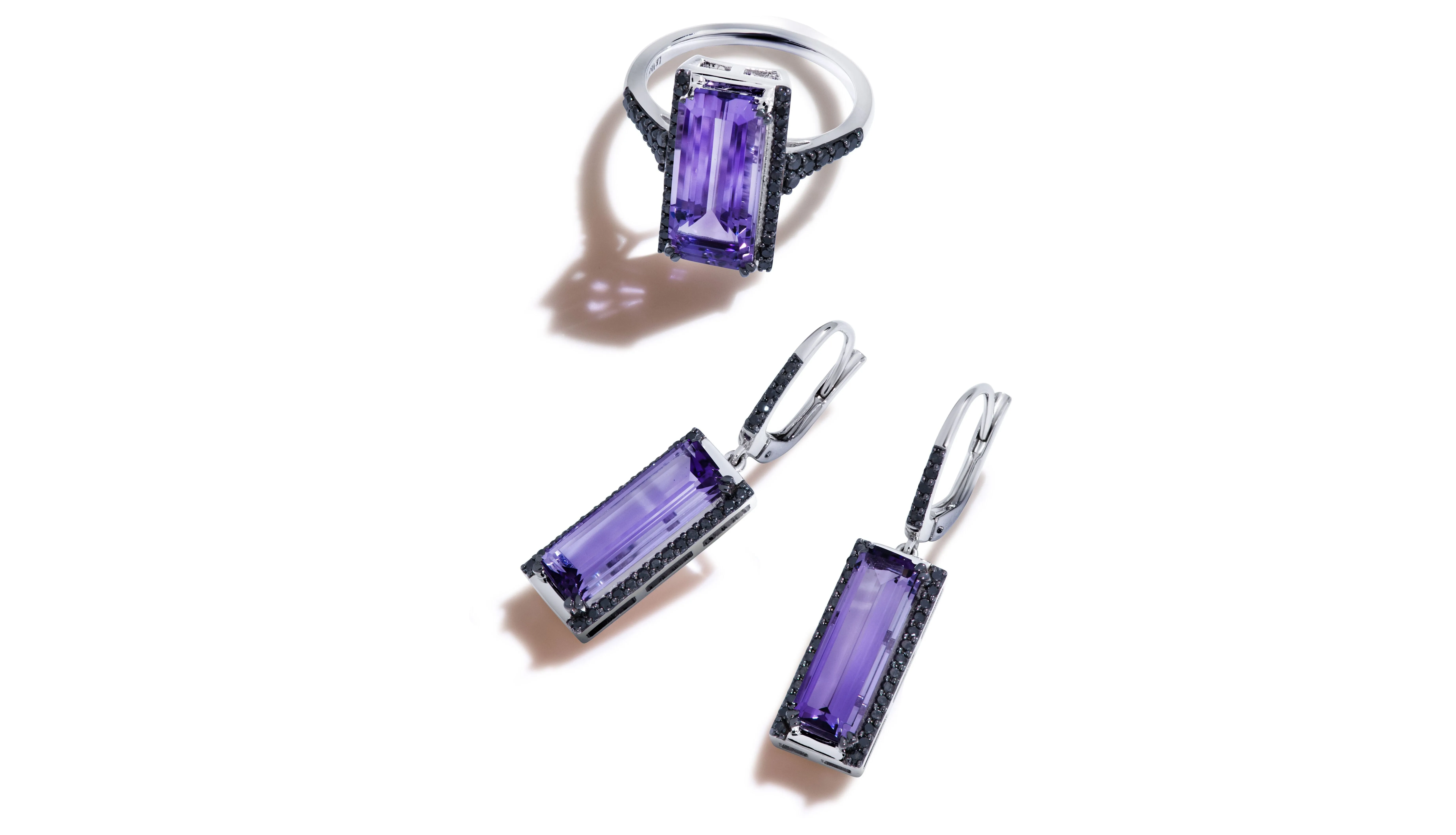 Le Vian emerald-cut Grape Amethyst™ ring and matching earrings inspired by the Art Deco period 