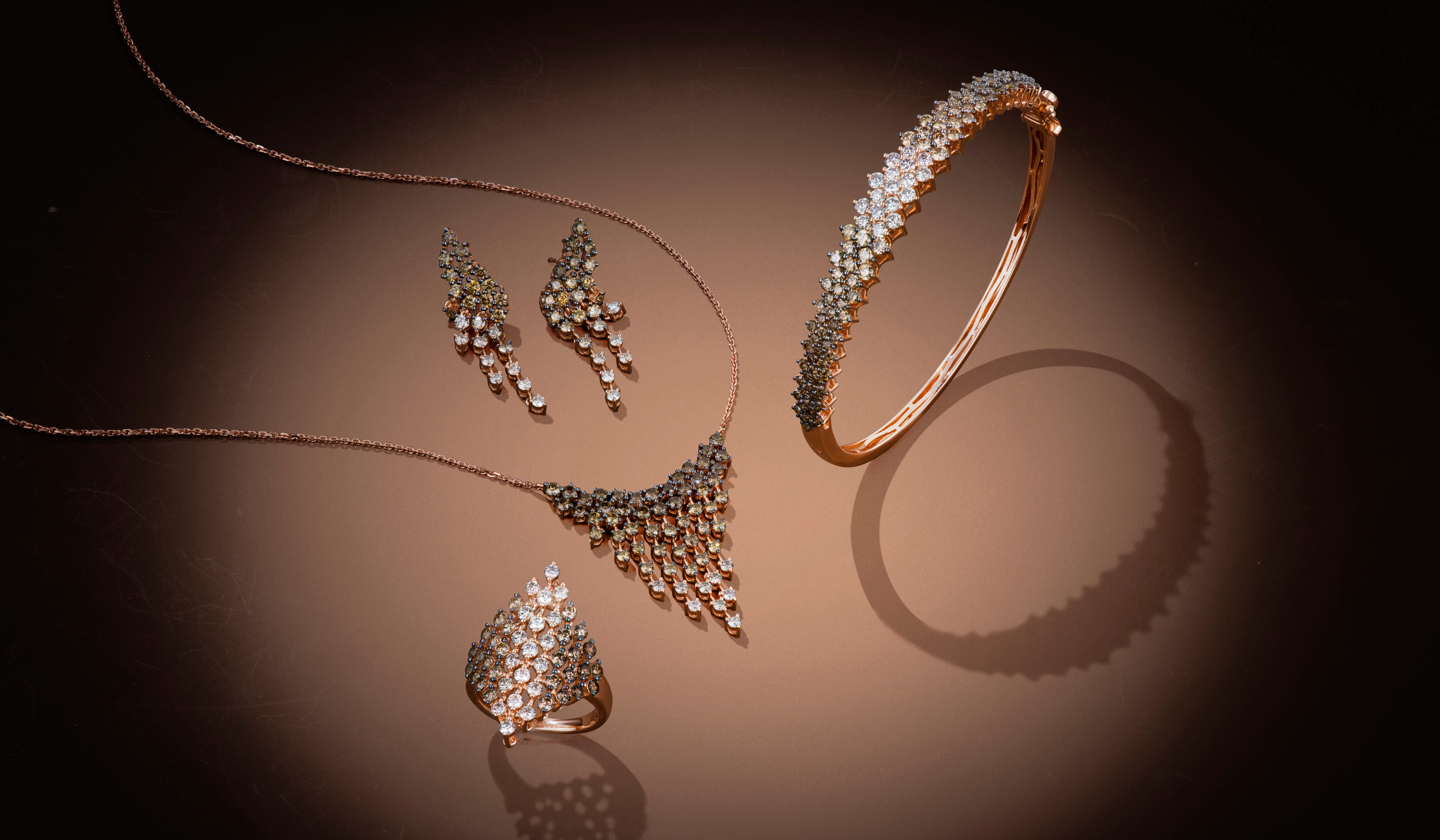Jewellery pieces from the Le Vian Chocolate Ombré® Pyramid collection with Chocolate Diamonds® and Nude Diamonds™