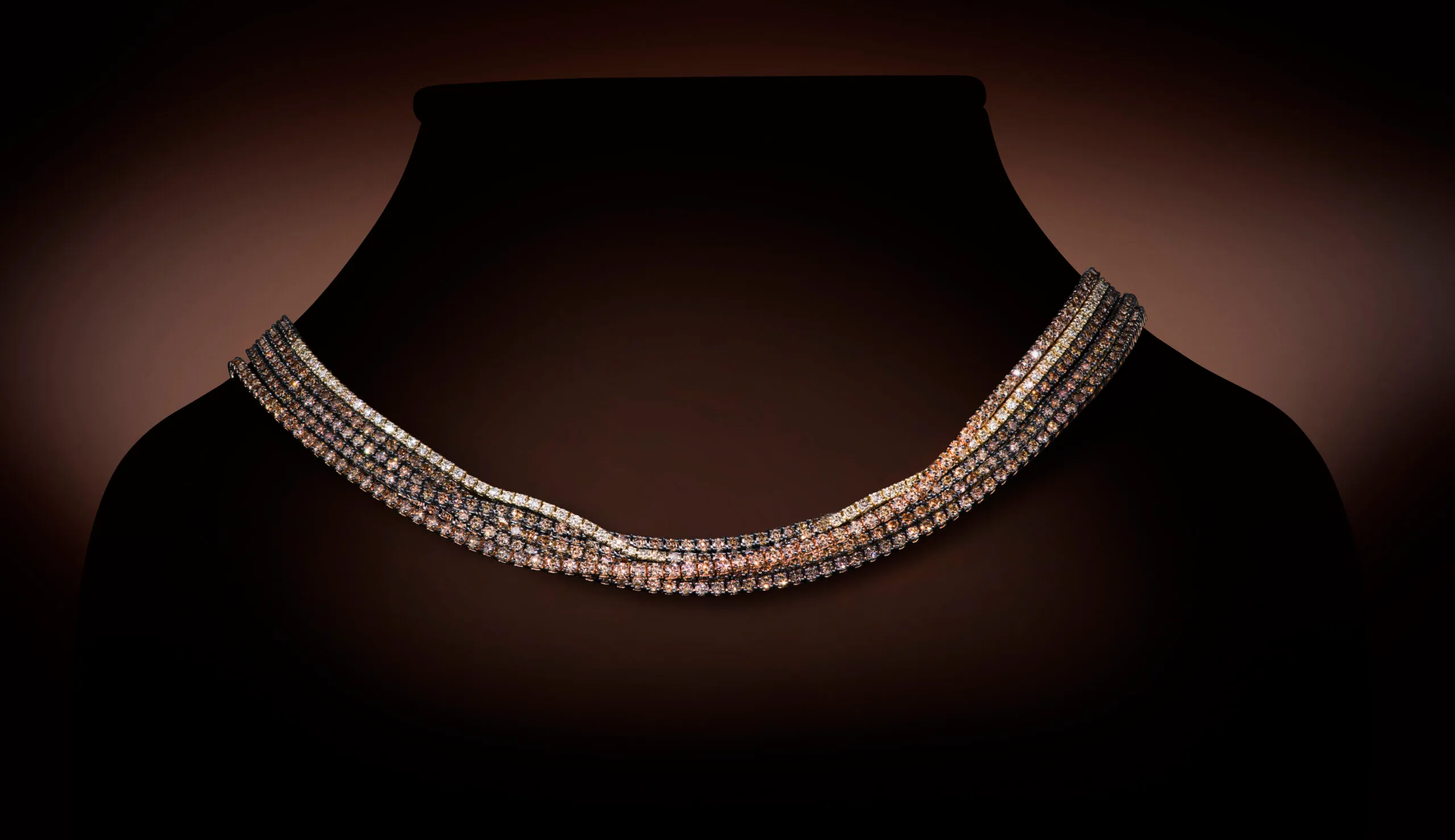 A necklace from the Le Vian Chocolate Ombré® Tennis Collection with a gradient of Chocolate Diamonds® and Nude Diamonds™