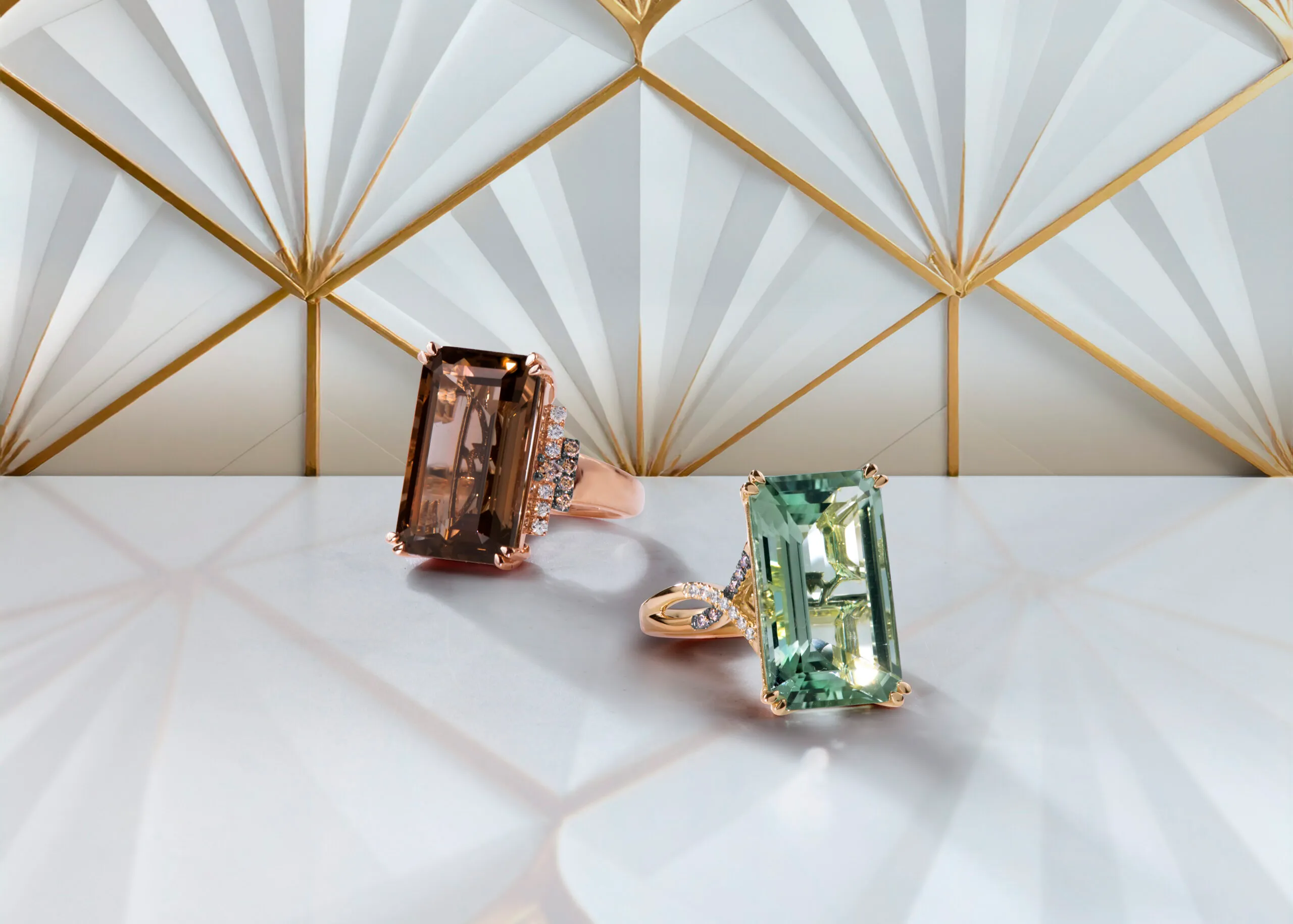 Le Vian Chocolate Quartz® and Mint Julep Quartz™ cocktail rings inspired by the Art Deco period 