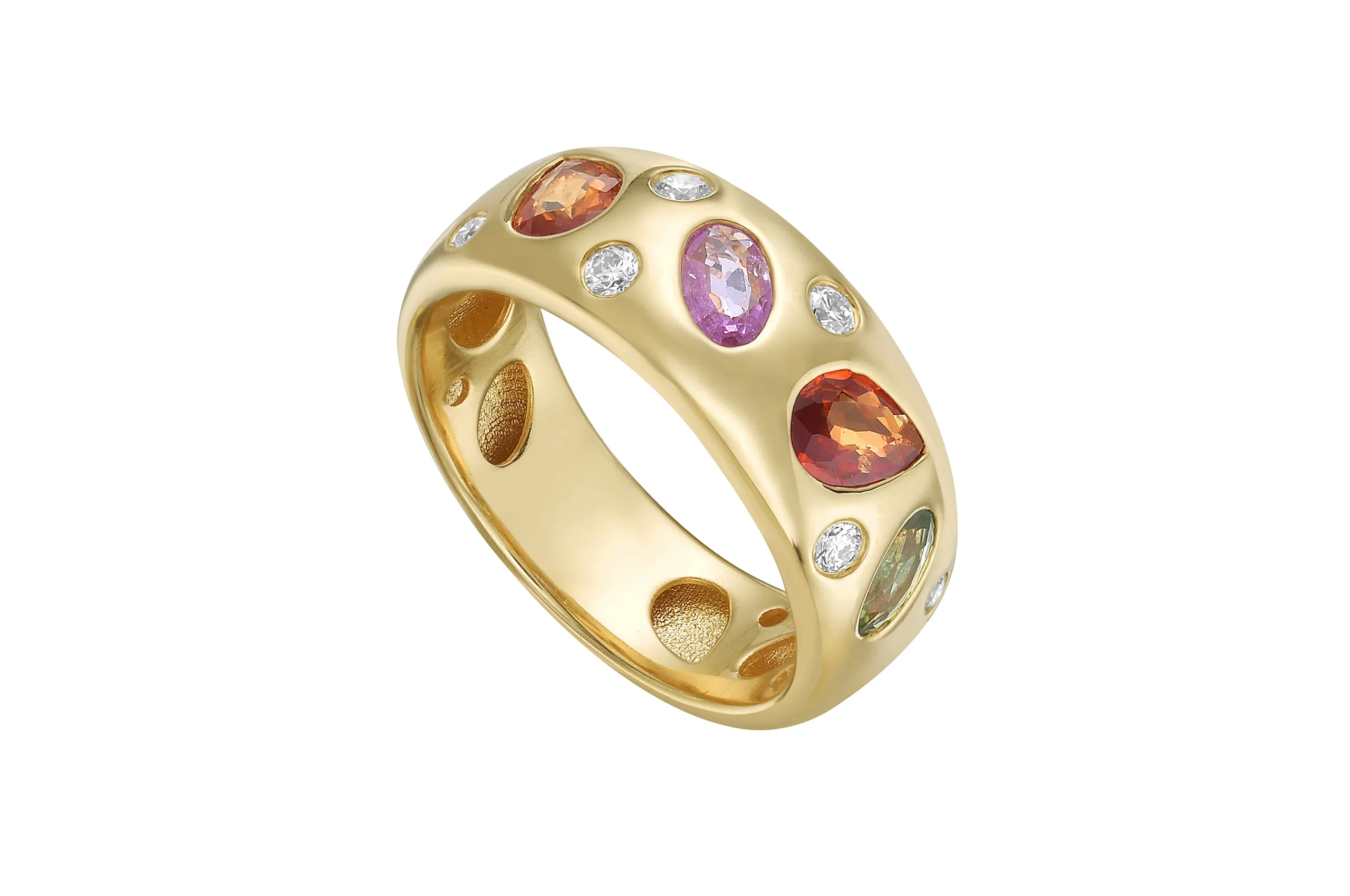 Lionheart's Cosmos tourmaline and diamond ring in 18K yellow gold is a vibrant alternative to a traditional gold band.