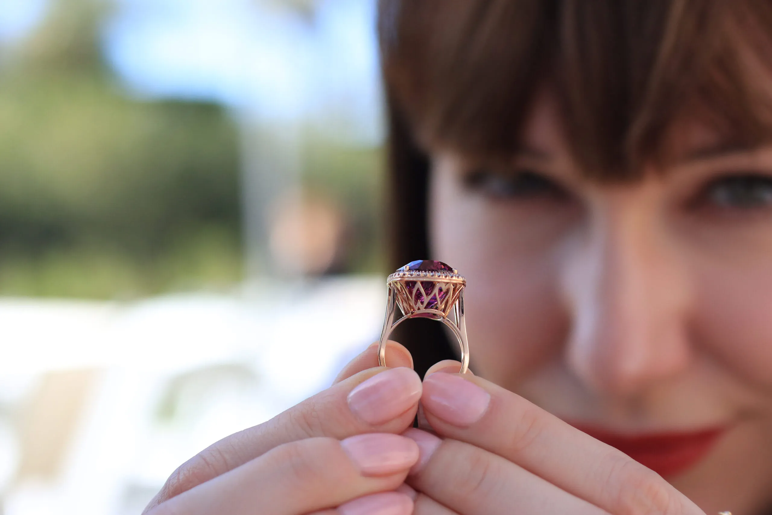 A closer look at the heart-shaped gallery of a rubellite tourmaline cocktail ring from the Lisa Nik Colors collection