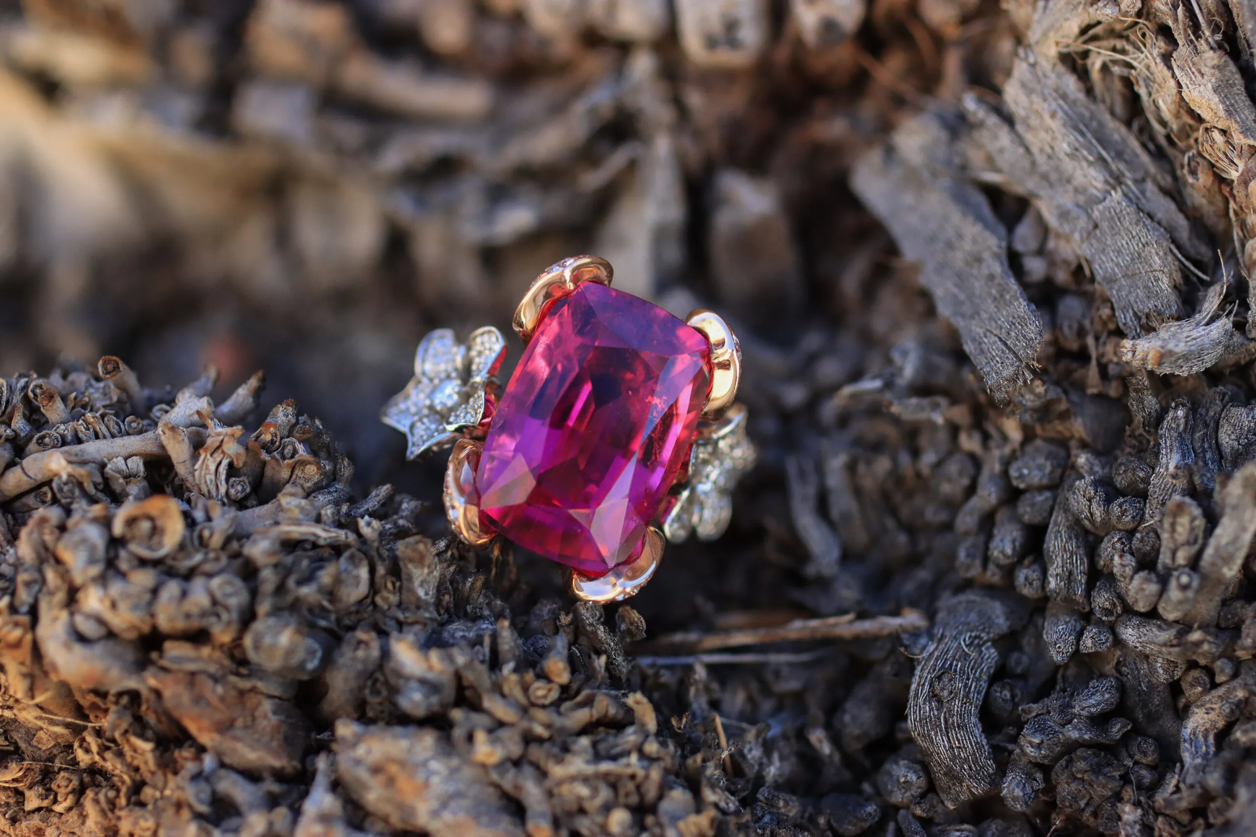 Lisa Nik rubellite tourmaline and diamond ring with a flower setting in 18k rose gold 