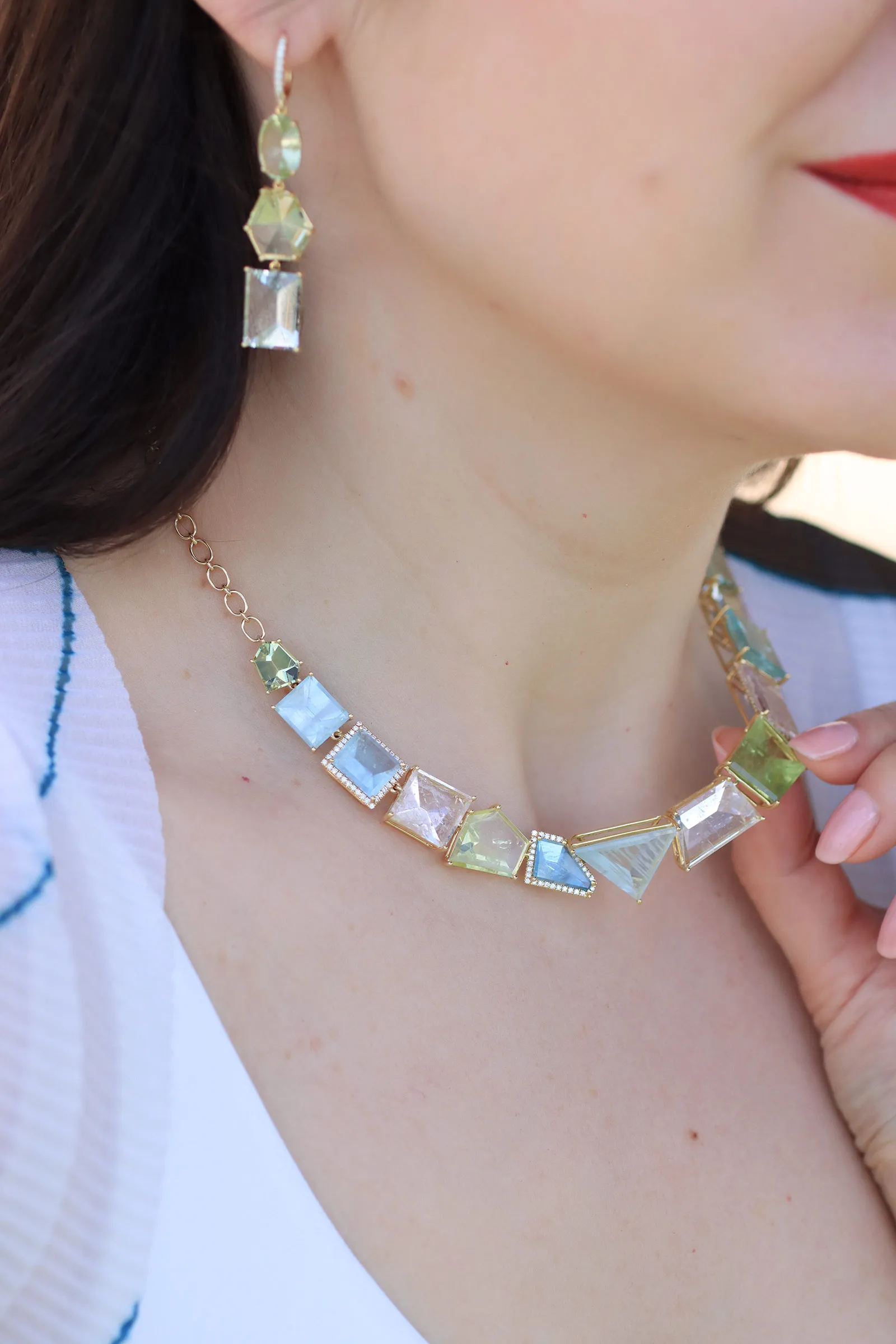 A closer look at mirror-cut beryl pieces in the Lisa Nik Sparkling Mermaid collection, set with uniquely-cut minerals in a range of pastel shades 