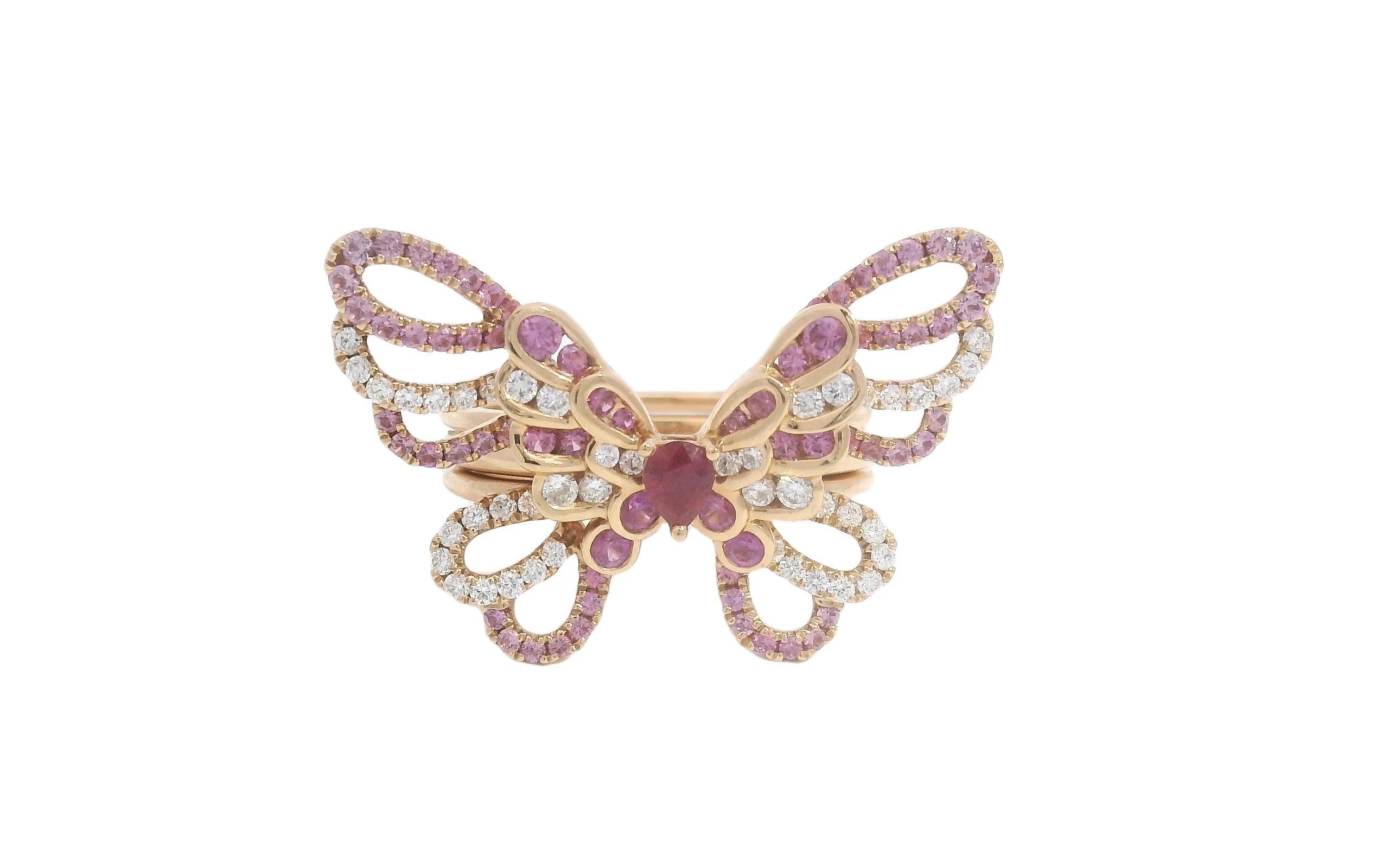 Lisa Nik Rainbow Butterfly ring with a pear-shaped ruby centre, surrounded by diamonds and pink sapphires in 18k yellow gold 