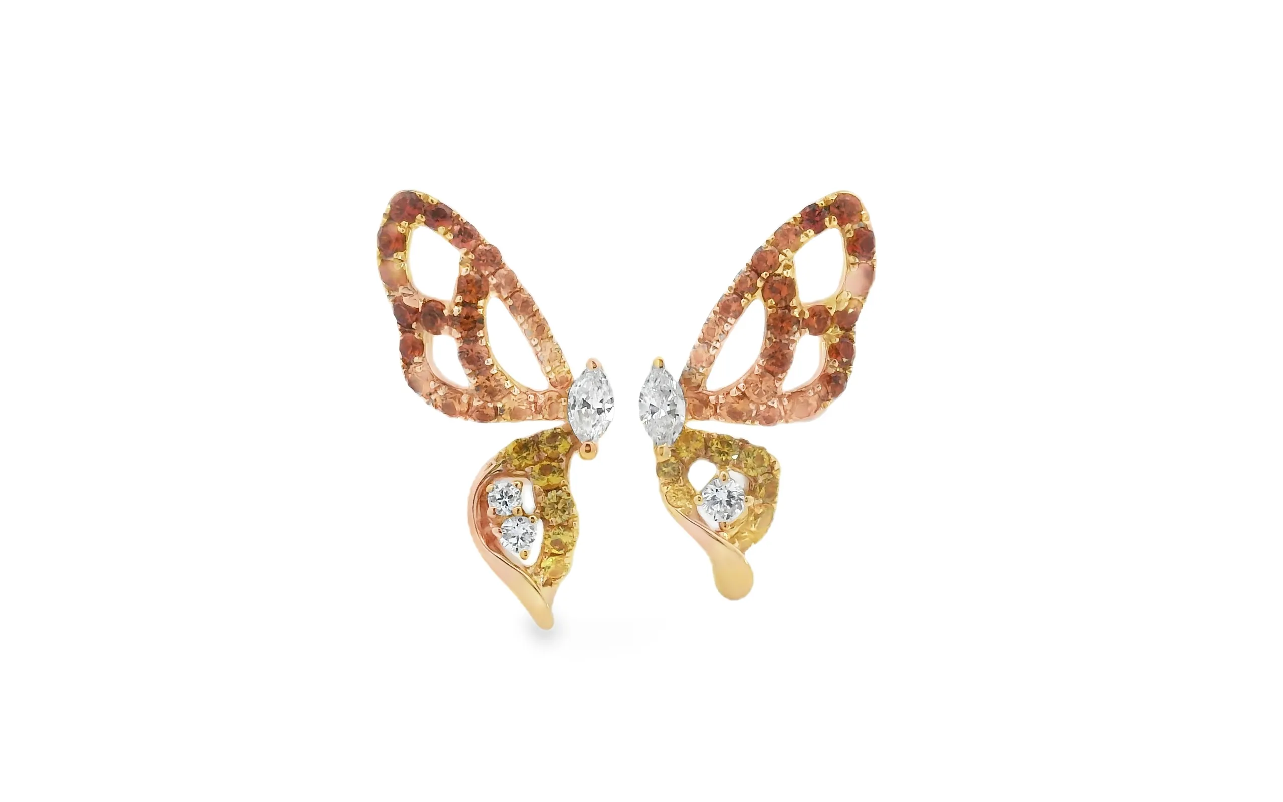 Lisa Nik Rainbow Butterfly ring with marquise-shaped diamonds and yellow, pink and red gemstones, set in 18k gold 