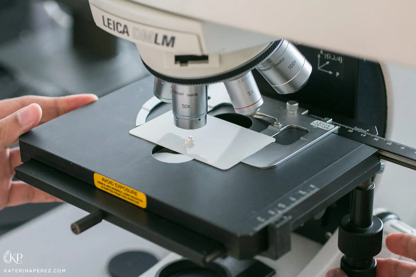 <p>Viewing a saltwater pearl under a microscope at DANAT Institute</p>