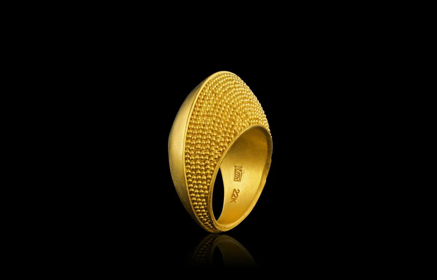 Loren Nicole Crescent ring with contrasting golden textures in a bold arched form, set in 22k yellow gold