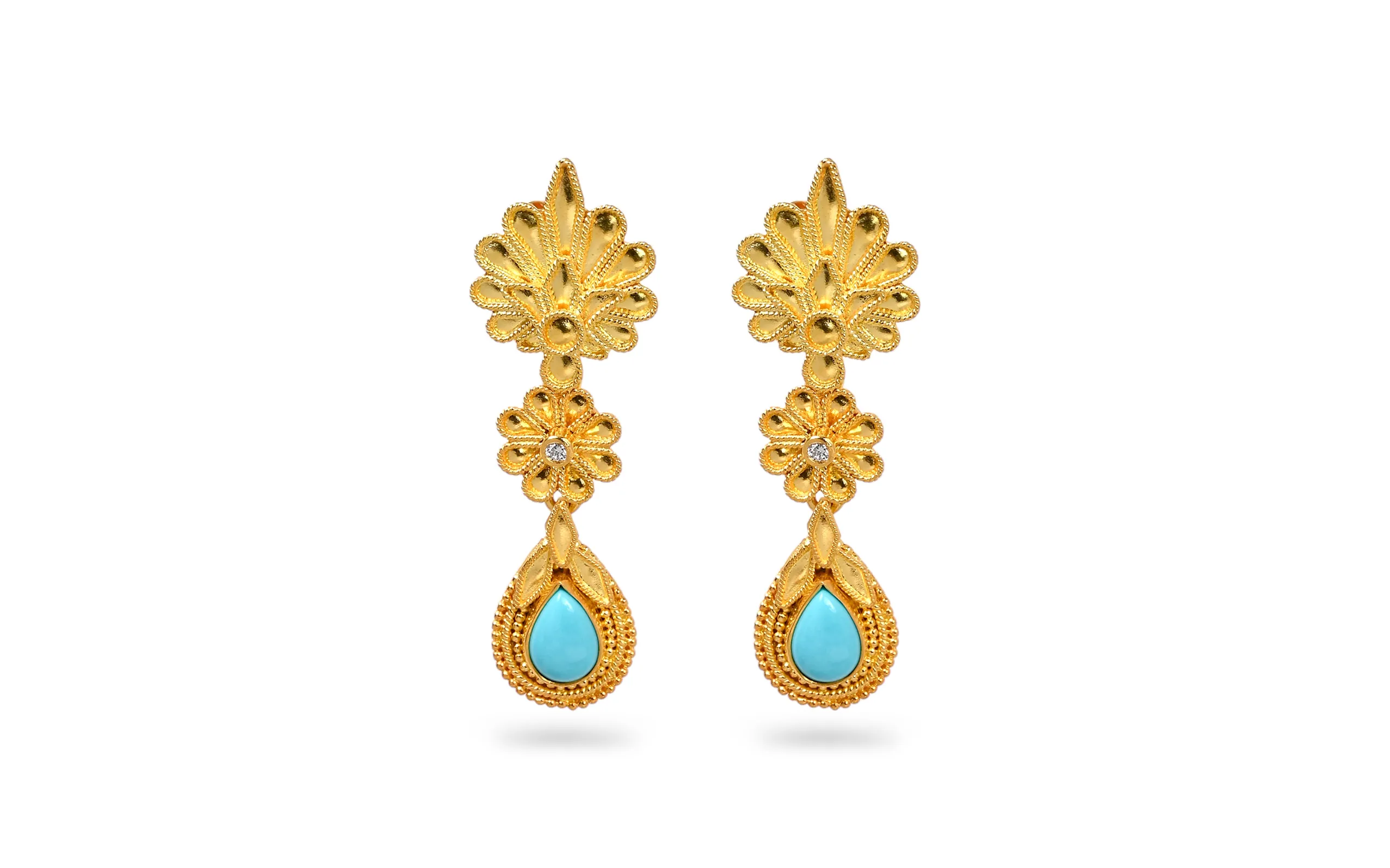 Lutèce Jewelry Glimpse of Goddess earrings from the Heritage collection with turquoise in yellow gold 