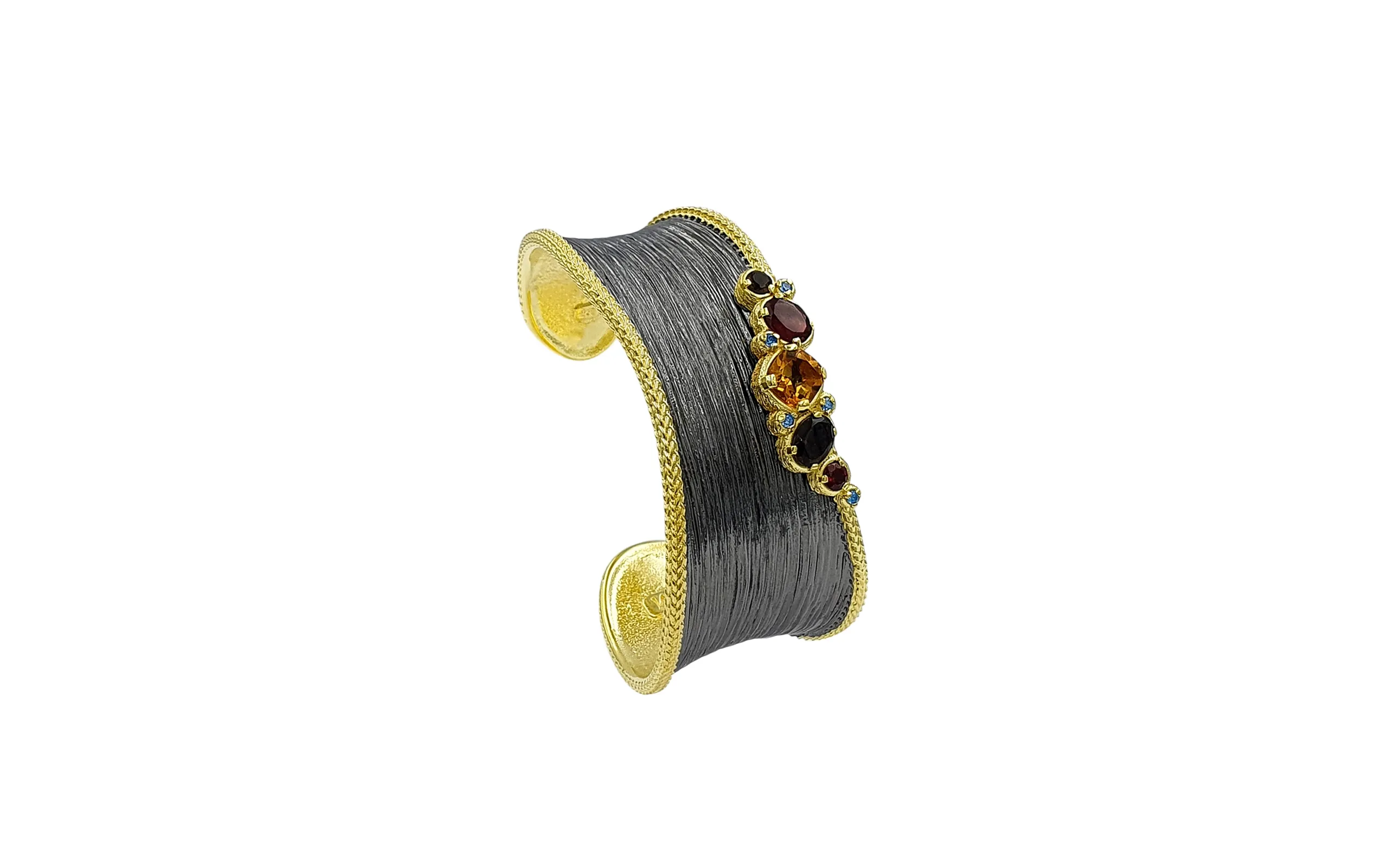 MJM Jewels by Markella cuff bracelet in black rhodium- and yellow gold-plated sterling silver with multi-coloured gemstones 