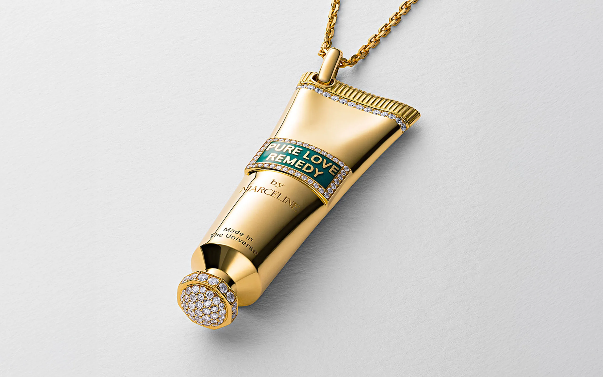 Marceline Paris Pure Love Remedy necklace from the Wisdom Graffiti collection with diamonds and green enamel in 18k yellow gold