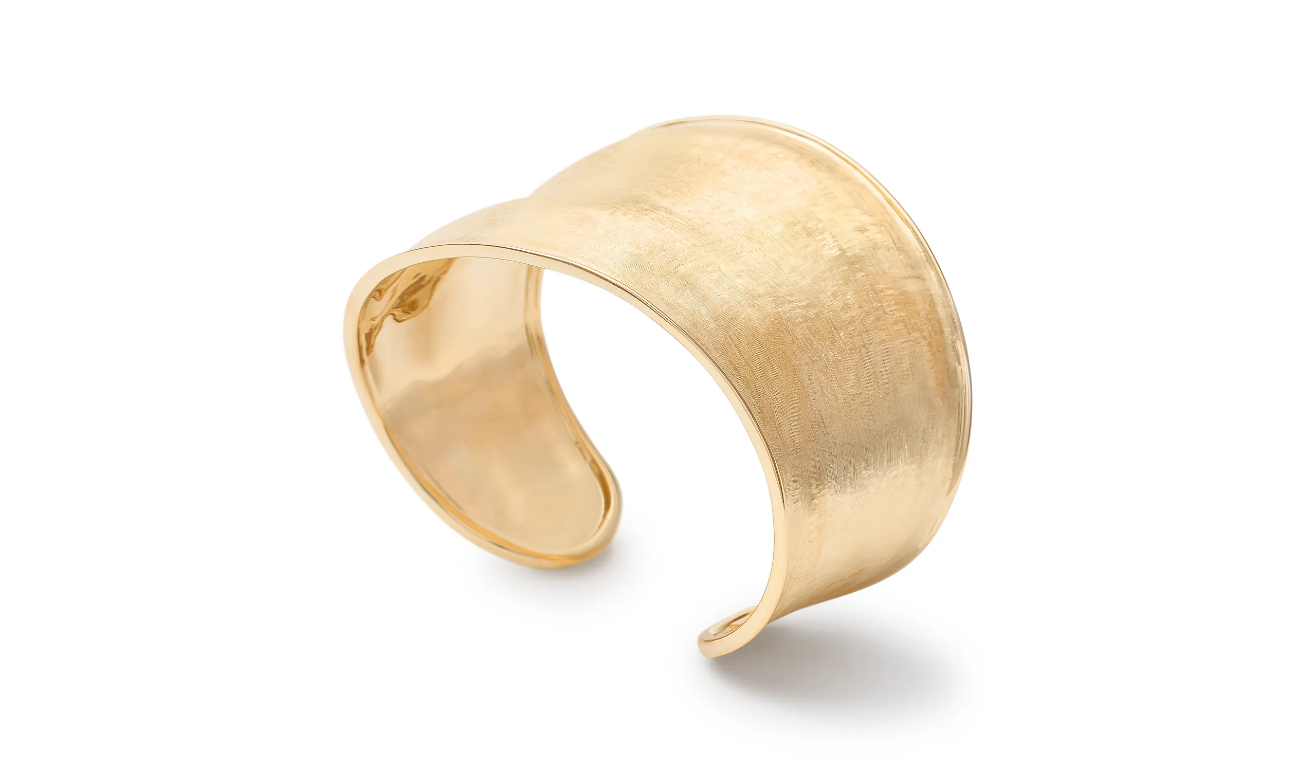 Marco Bicego 18kt yellow gold cuff bracelet from the Lunaria collection, hand-engraved using the Florentine technique