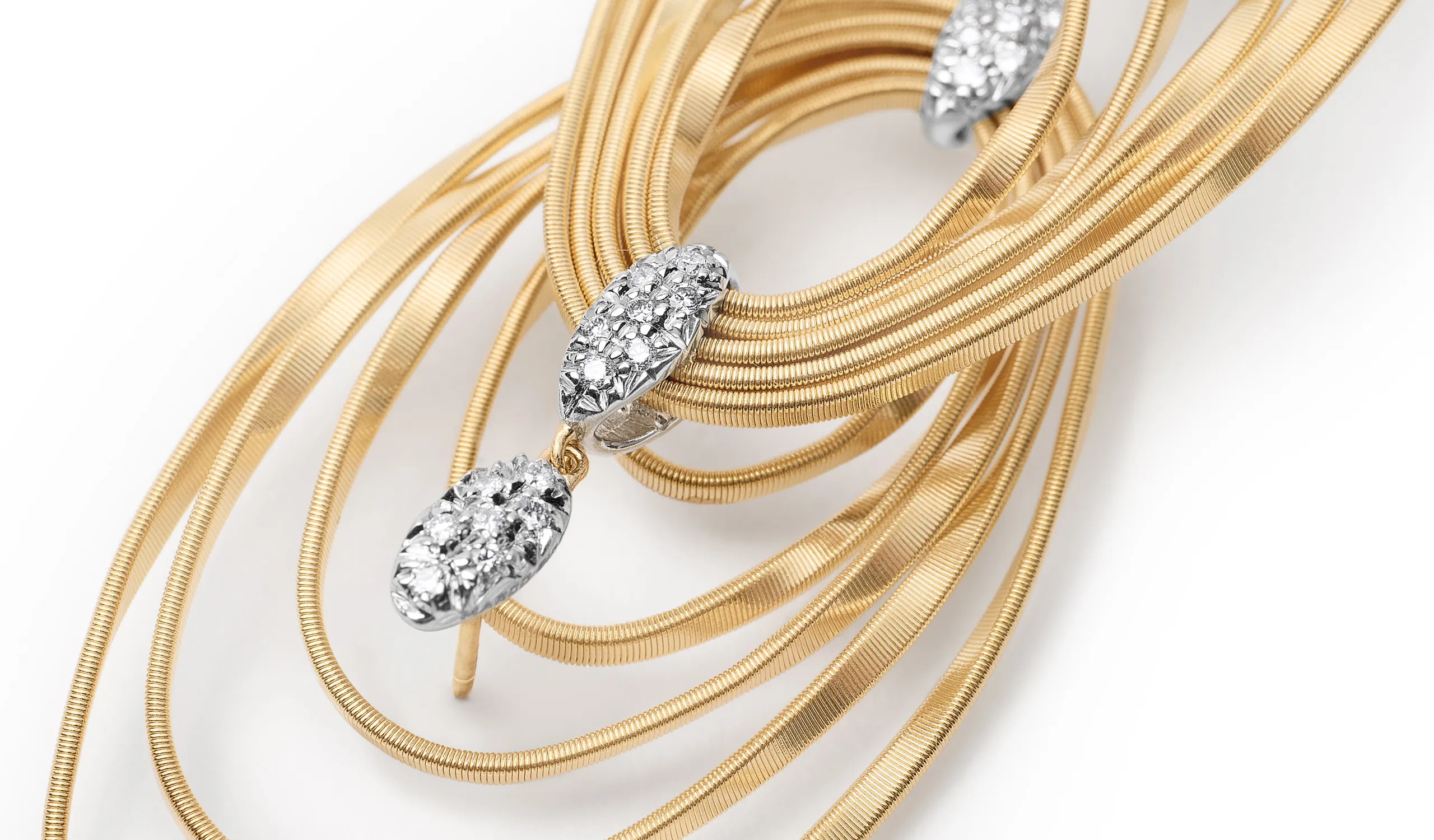 Marco Bicego 18k yellow gold chandelier earrings from the Marrakech Onde collection, with twisted coils and pavé diamonds
