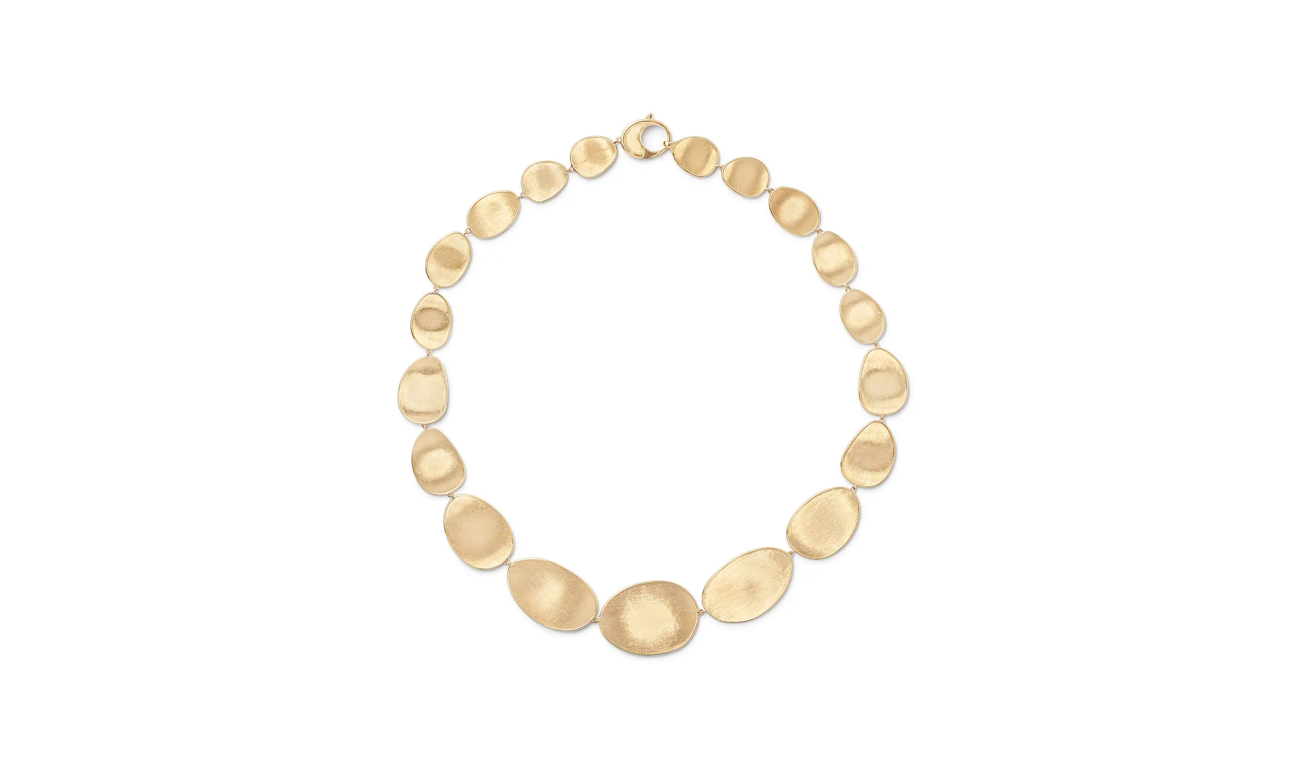 Marco Bicego necklace in 18k yellow gold from the Lunaria collection, featuring hand-engraved, irregular gold leaves with a brushed finish
