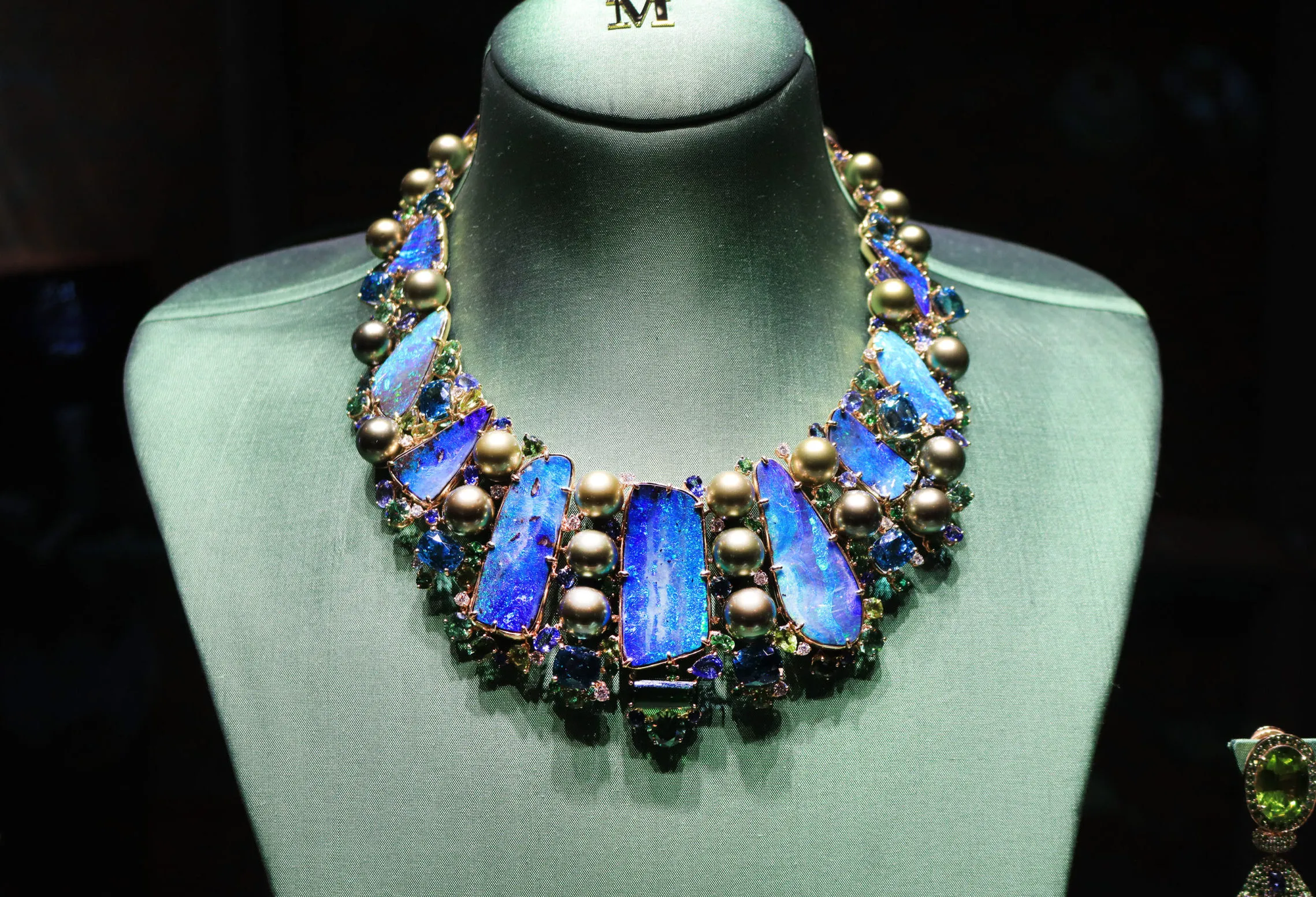 Margot McKinney Atoll collier with 253.16 carats of Australian boulder opals, pistachio pearls, green and blue tourmalines, diamonds, blue sapphires, tsavorites, peridots, zircons and demantoids, set in 18k yellow gold