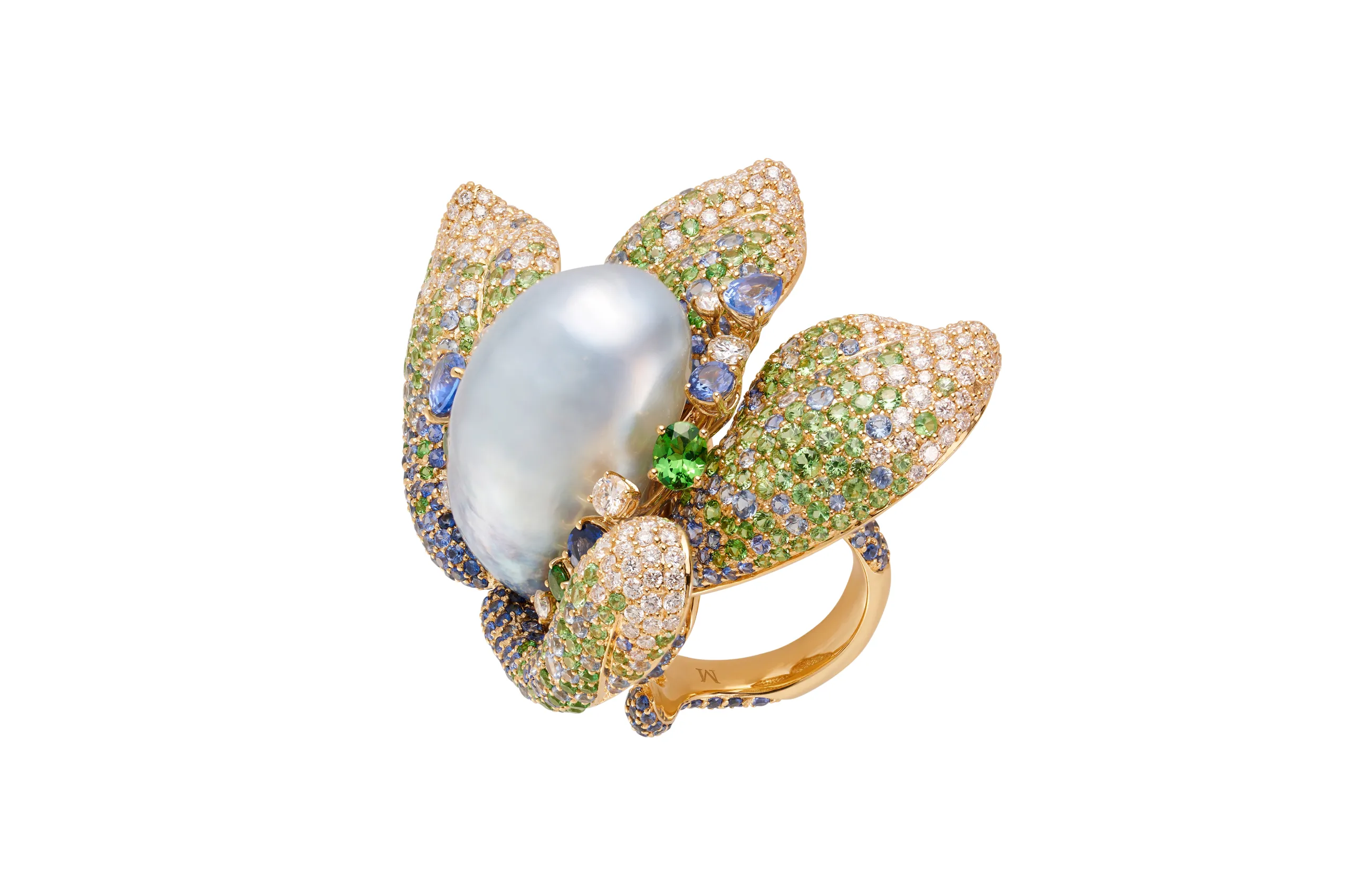 Margot McKinney Floral Abundance ring with an Australian South Sea baroque pearl and three-dimensional leaves of diamonds, sapphires and tsavorites set in 18k yellow gold