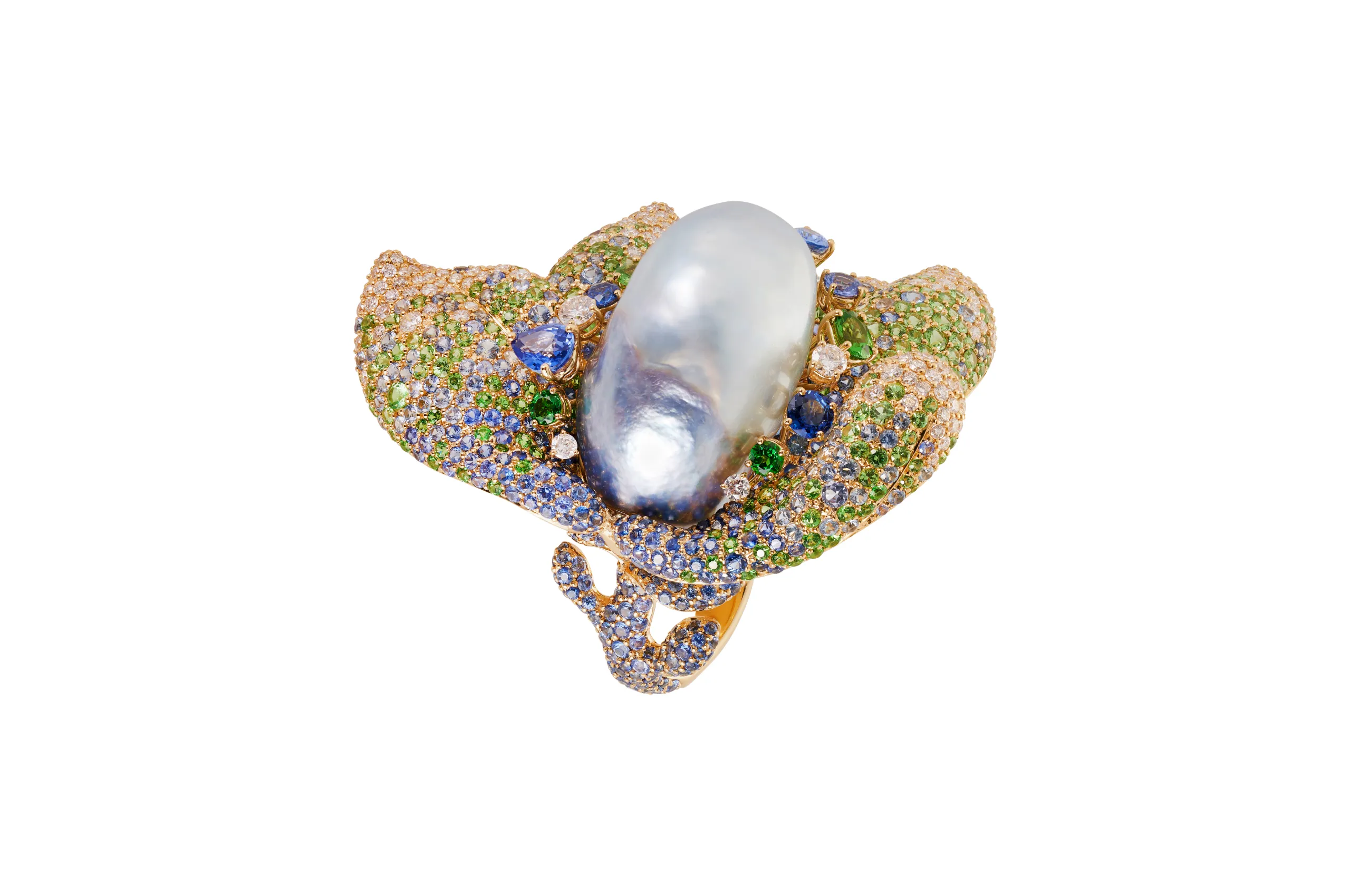 Margot McKinney Floral Abundance ring with an Australian South Sea baroque pearl, diamonds, sapphires and tsavorites set in 18k yellow gold