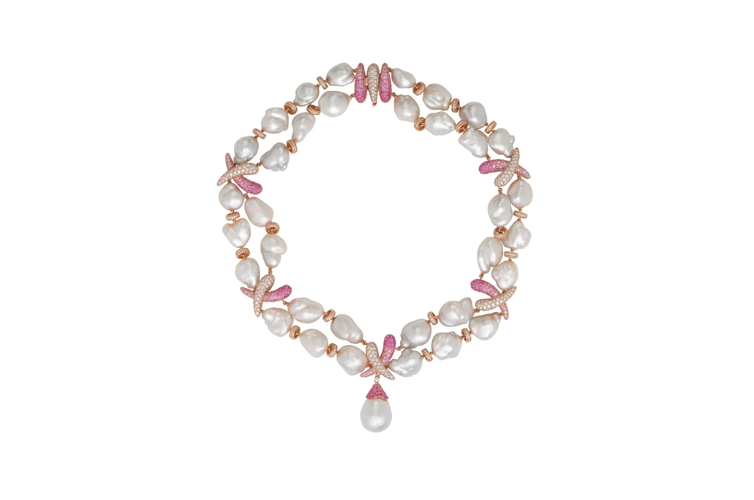 Margot McKinney Kiss necklace with Australian South Sea keshi pearls, an Australian South Sea baroque pearl drop, diamonds and pink sapphires, set in 18k rose gold 