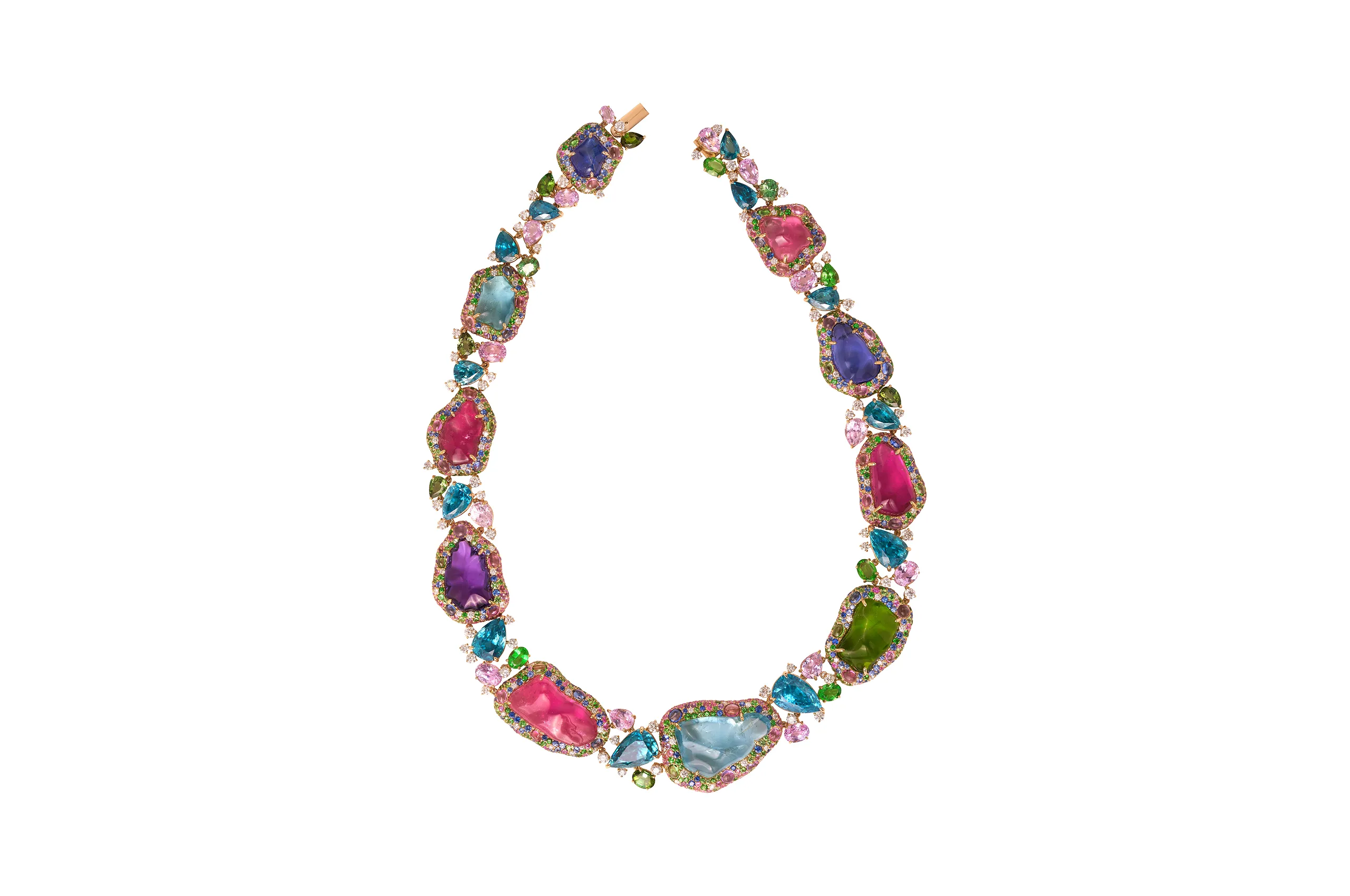 Margot McKinney Palette collier with extra-large baroque gems of aquamarine, tanzanite, rubellite, amethyst and peridot, set with a suite of diamonds, rare blue zircons, kunzites, blue sapphires, pink sapphires, rose de France, demantoids, green tourmalines, amethysts and tsavorites in18k white and yellow gold